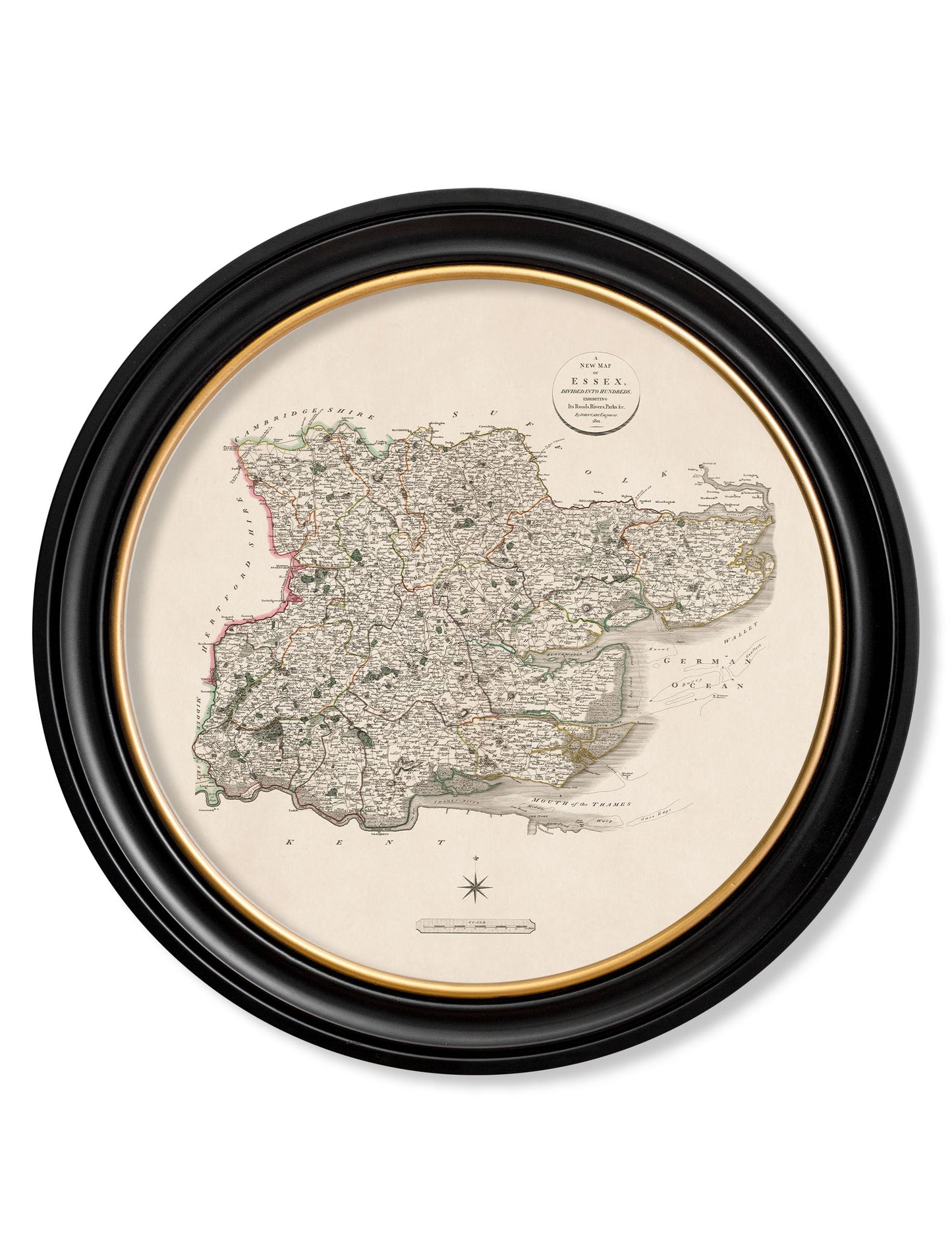 of c 1806 county maps of england round in size 70 x 70cm - glass-fronted framed wall art print with solid wood frame, adds elegance to your decor