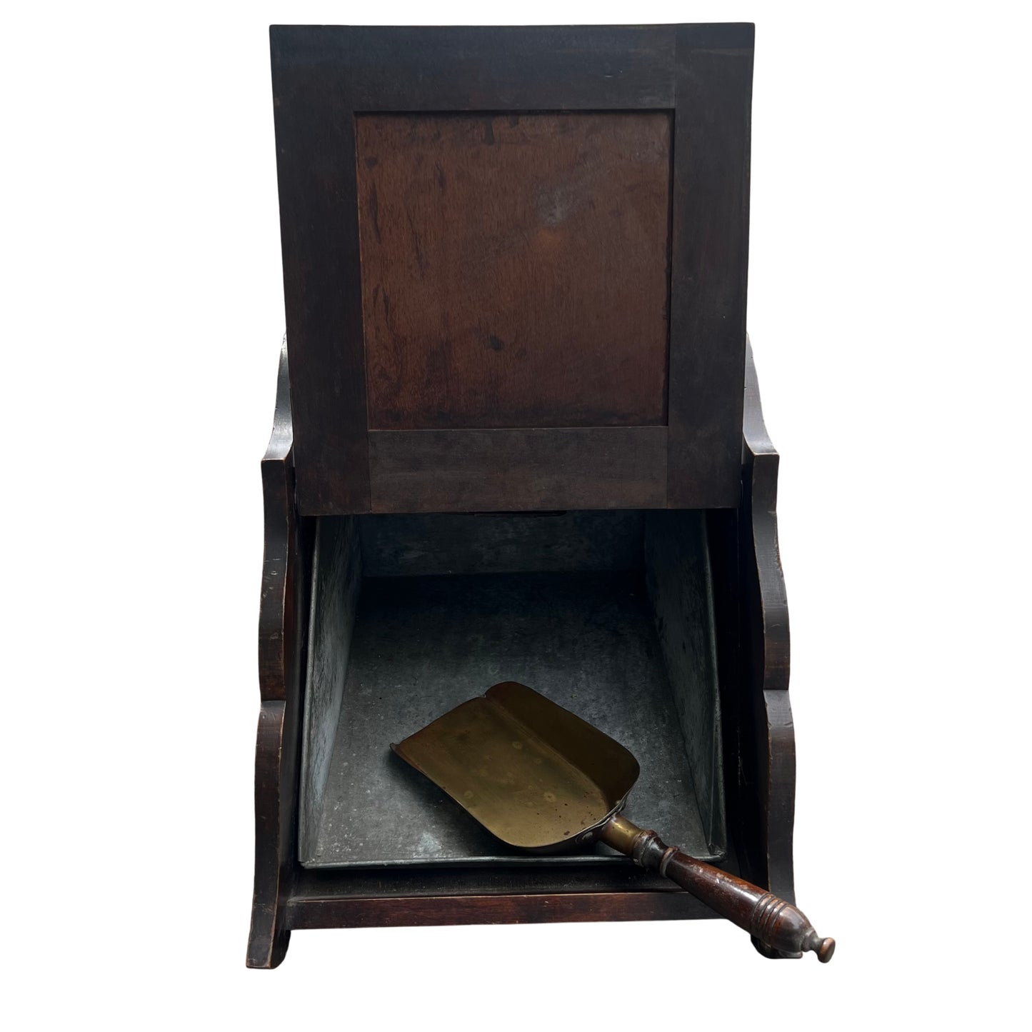 Side profile of wooden coal scuttle showing shaped side panels and edge wear
