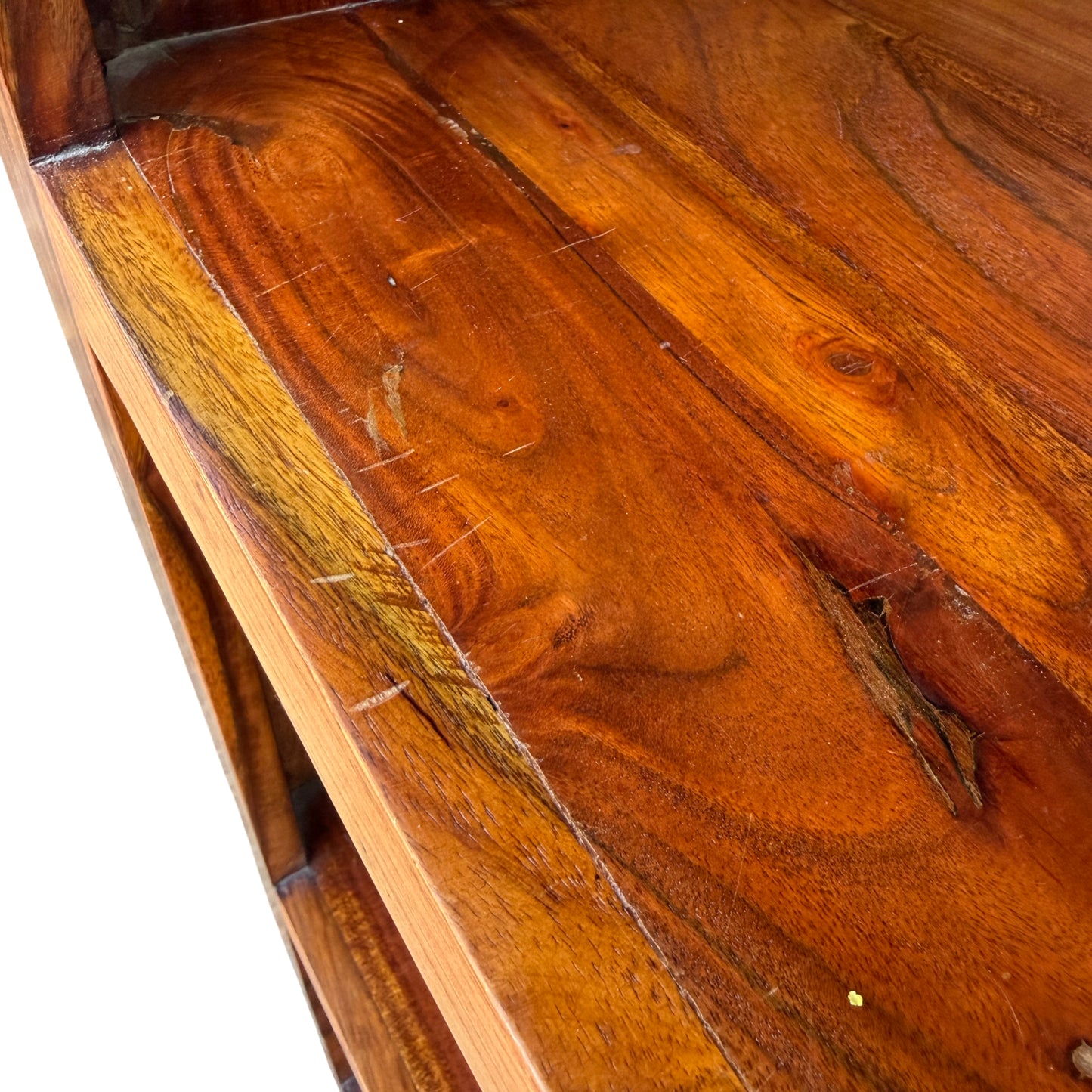 Tall display shelving unit in solid hardwood with rubbed finish