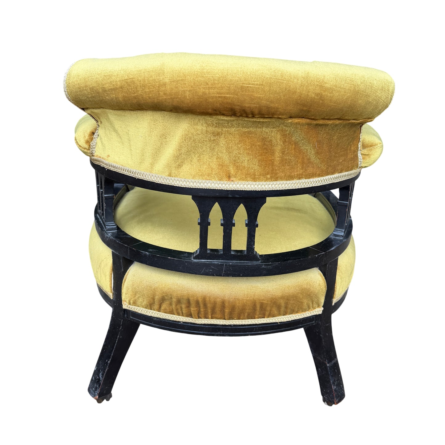 Olive mustard velvet upholstery on vintage Victorian armchair with contrast trim