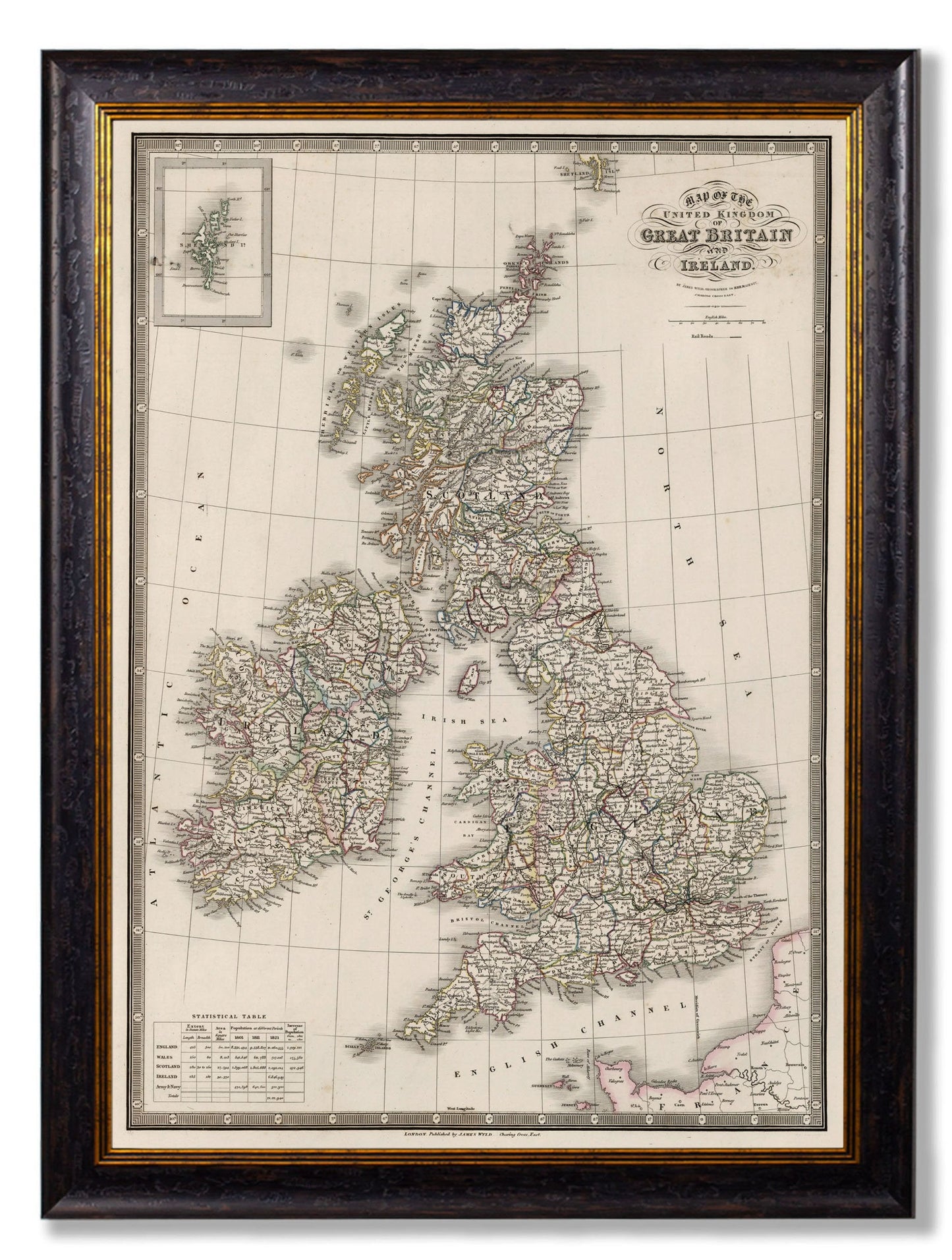 c.1838 Map of The British Isles in size 50 x 70cm - glass-fronted framed wall art print with solid wood frame, adds elegance to your decor