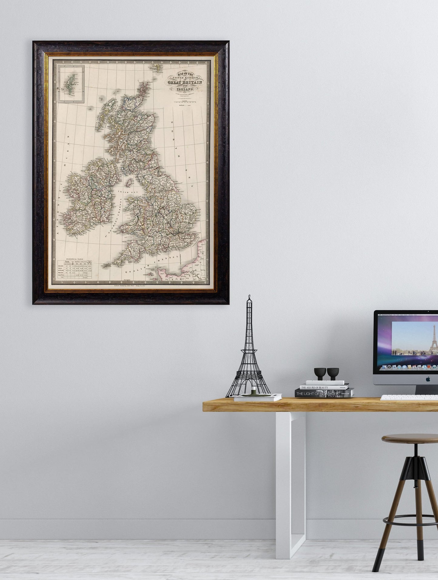 c 1838 map of the british isles framed print in size 70 x 95cm - glass-fronted framed wall art print with solid wood frame, perfect for statement wall decor