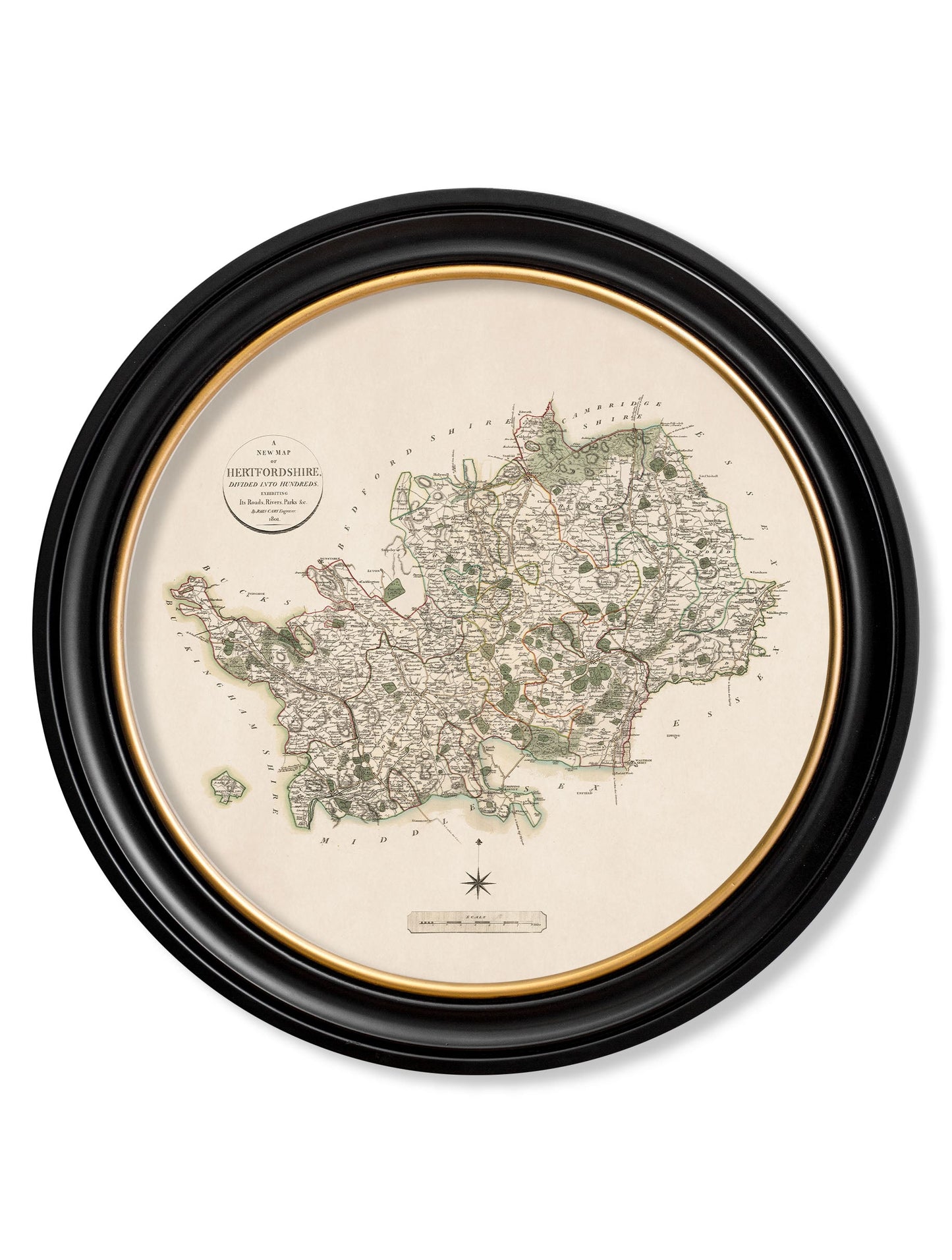 of c 1806 county maps of england round in size 70 x 70cm - glass-fronted framed wall art print with solid wood frame, a beautiful addition to stylish homes
