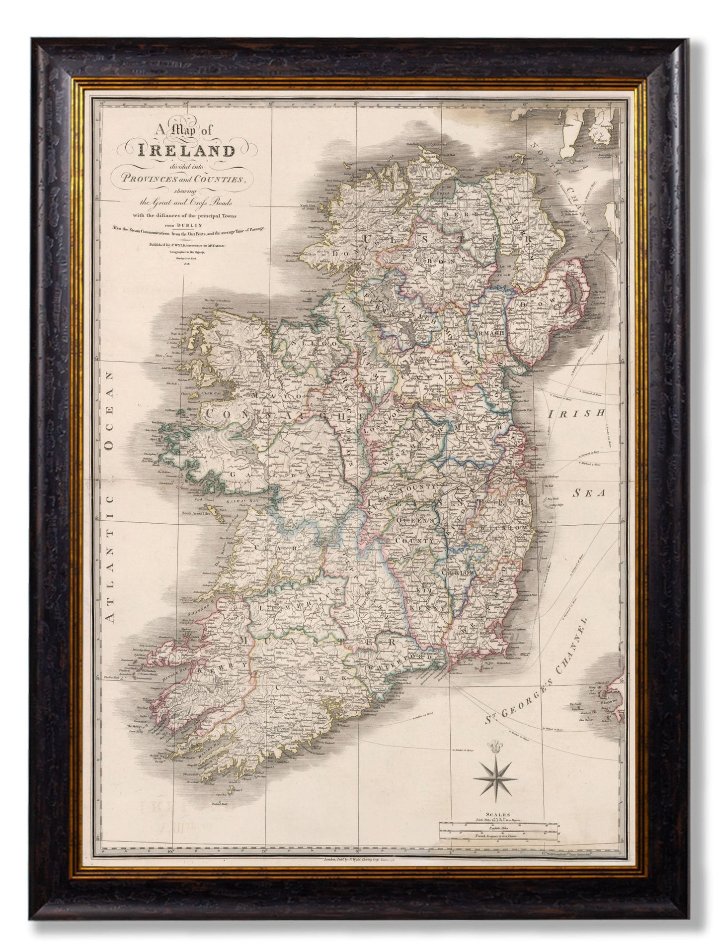 c.1838 Map of Ireland in size 70 x 95cm - glass-fronted framed wall art print with solid wood frame, designed for high-end interior design