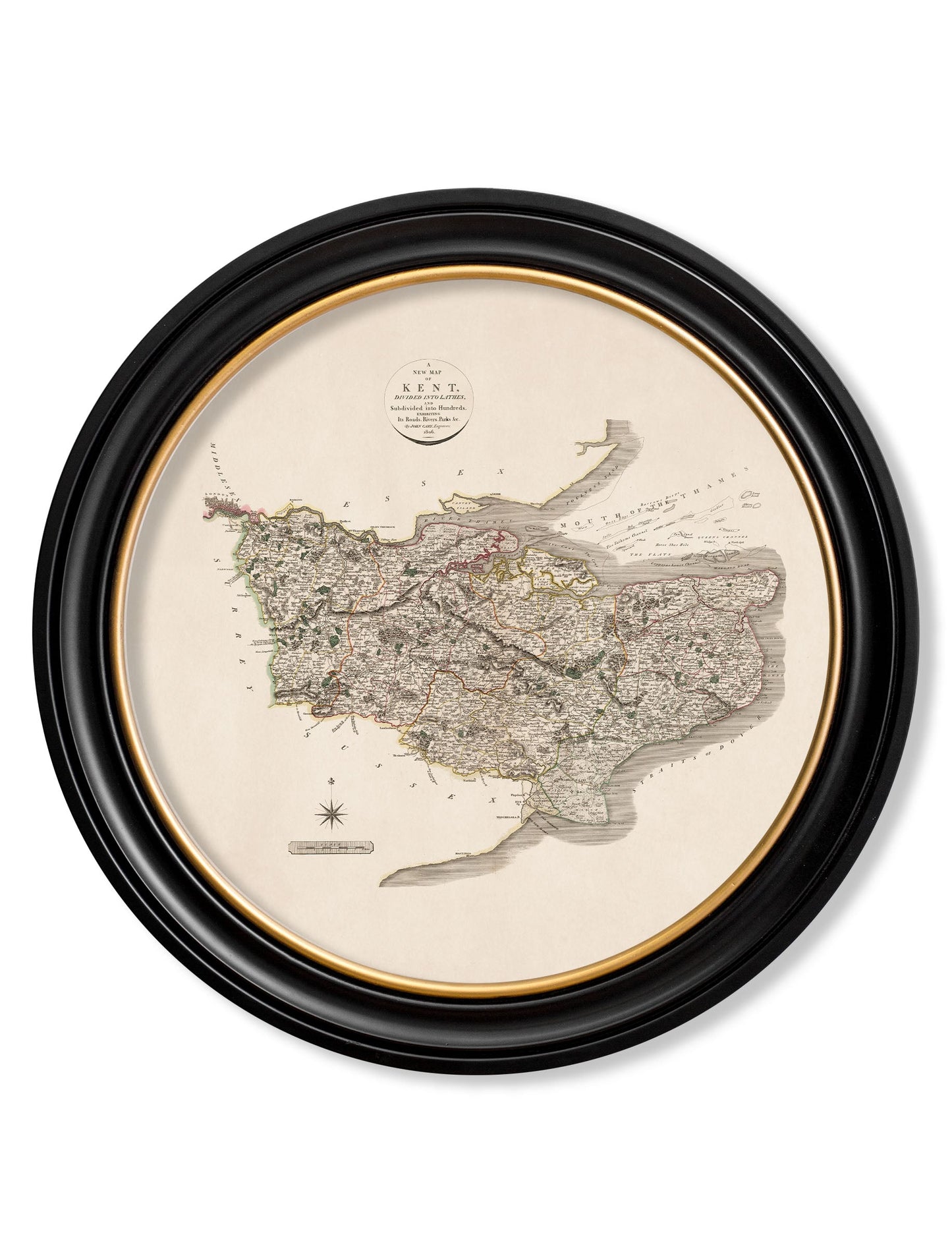of c 1806 county maps of england round in size 70 x 70cm - glass-fronted framed wall art print with solid wood frame, perfect for luxury home decor
