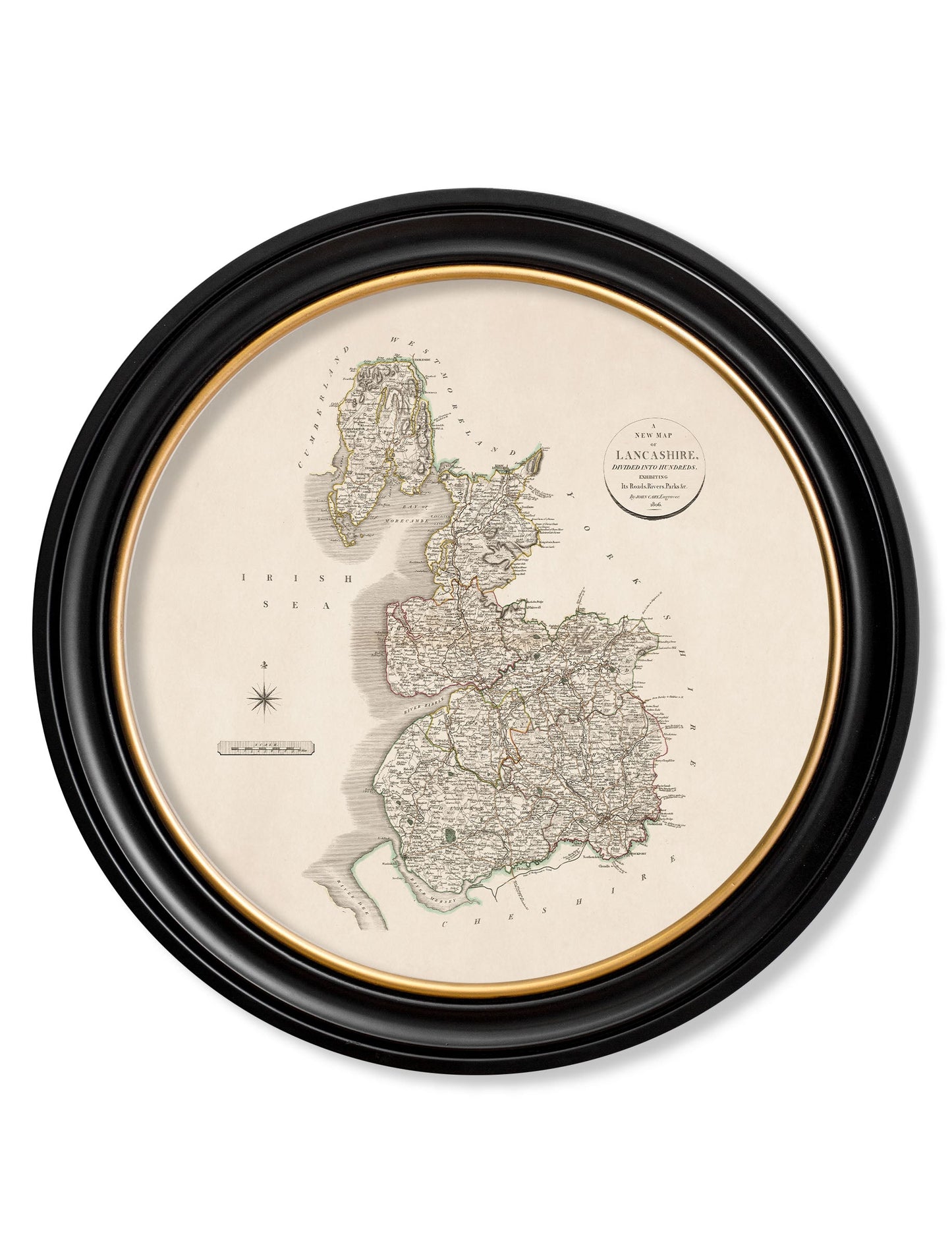 of c 1806 county maps of england round in size 70 x 70cm - glass-fronted framed wall art print with solid wood frame, a beautiful addition to stylish homes