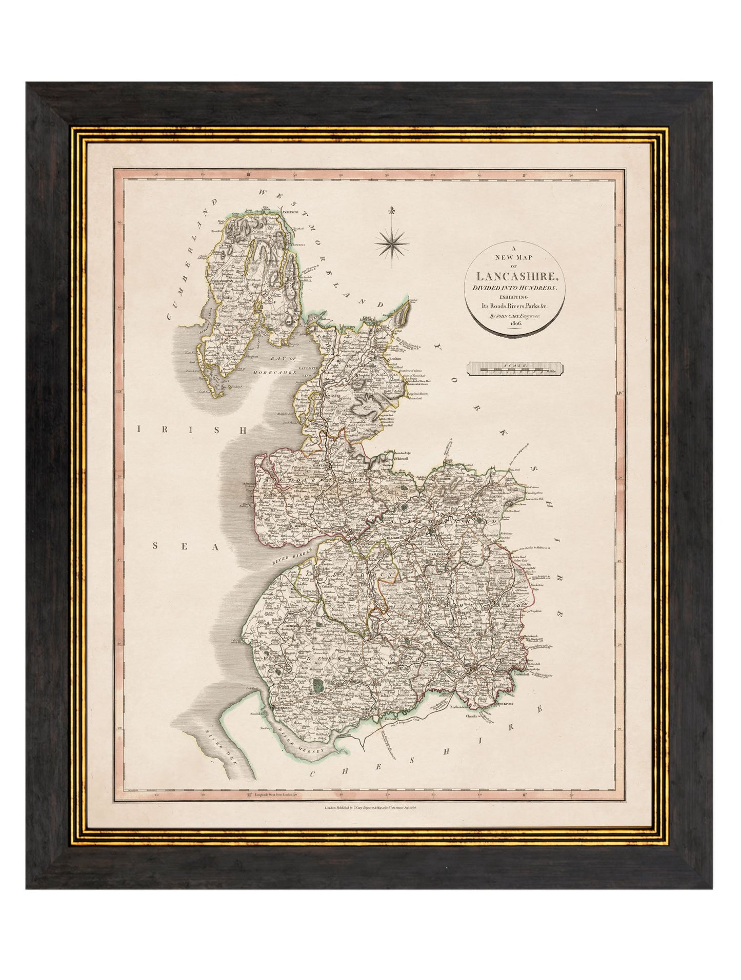 c 1806 county maps of england in size 84 x 70cm - glass-fronted framed wall art print with solid wood frame, perfect for luxury home decor
