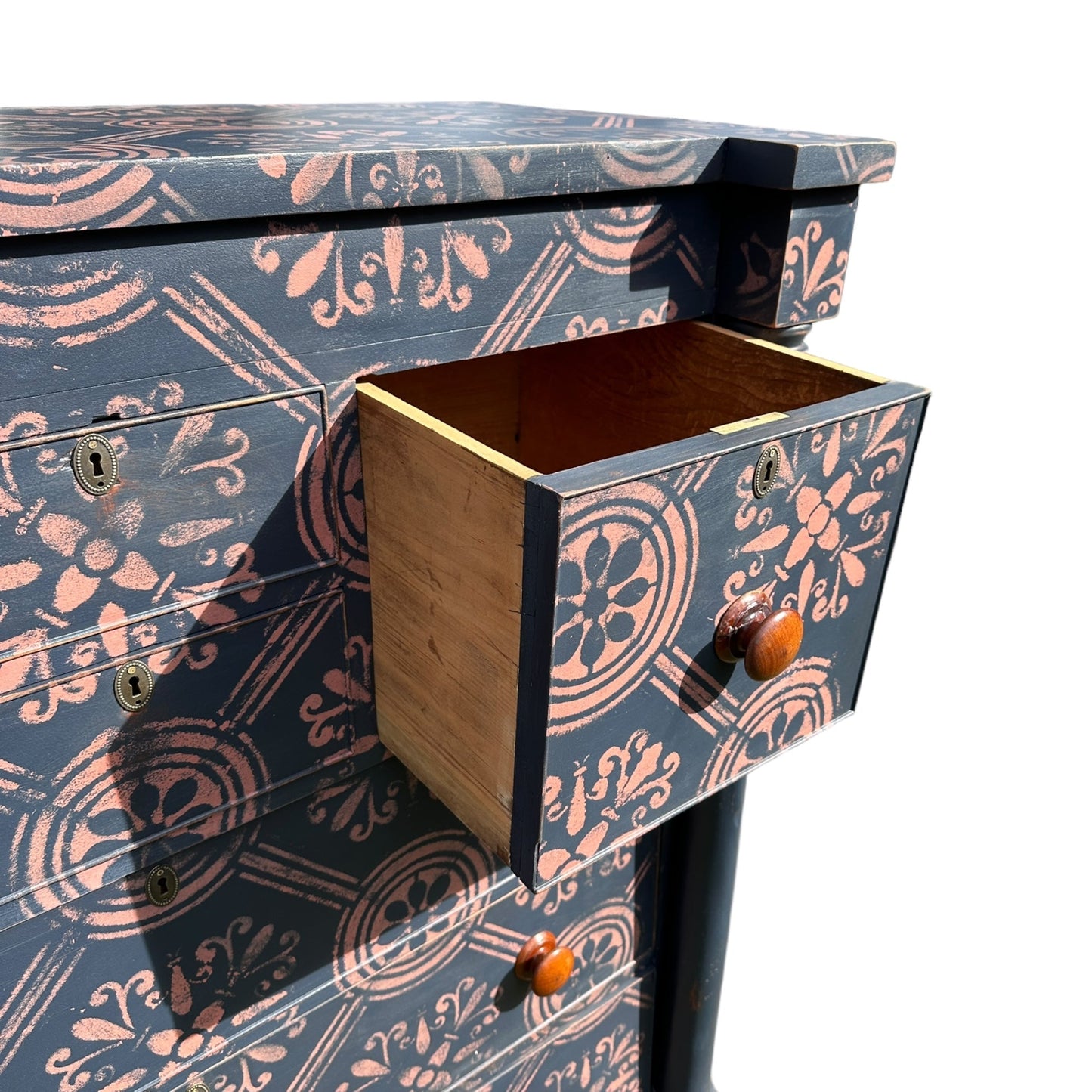 Large Victorian Chest of Drawers Painted Dark Blue With Pink Stencilled Detailing and Wooden HandlesThe Furniture Recycling Shop