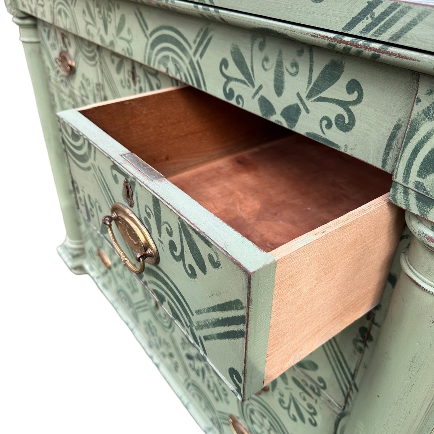 Large Victorian Chest of Drawers Painted in Green With Stencilled Detailing and Brass HandlesThe Furniture Recycling Shop