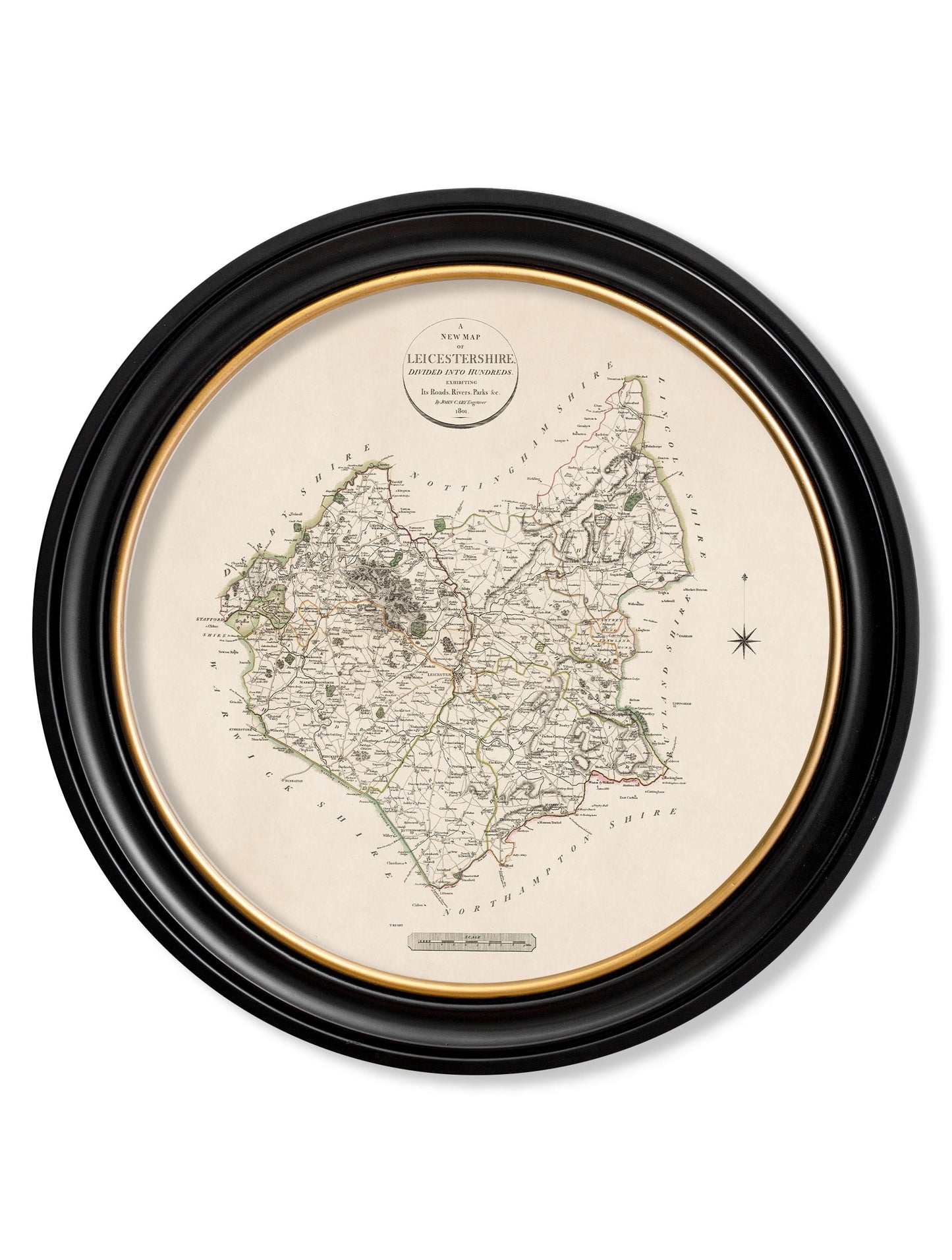 of c 1806 county maps of england round in size 70 x 70cm - glass-fronted framed wall art print with solid wood frame, adds elegance to your decor