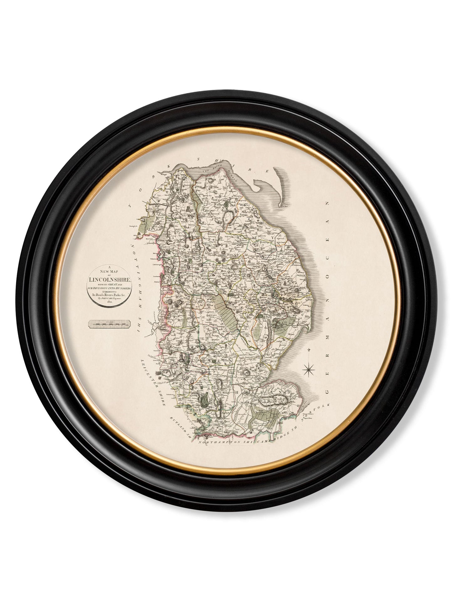 of c 1806 county maps of england round in size 70 x 70cm - glass-fronted framed wall art print with solid wood frame, perfect for luxury home decor