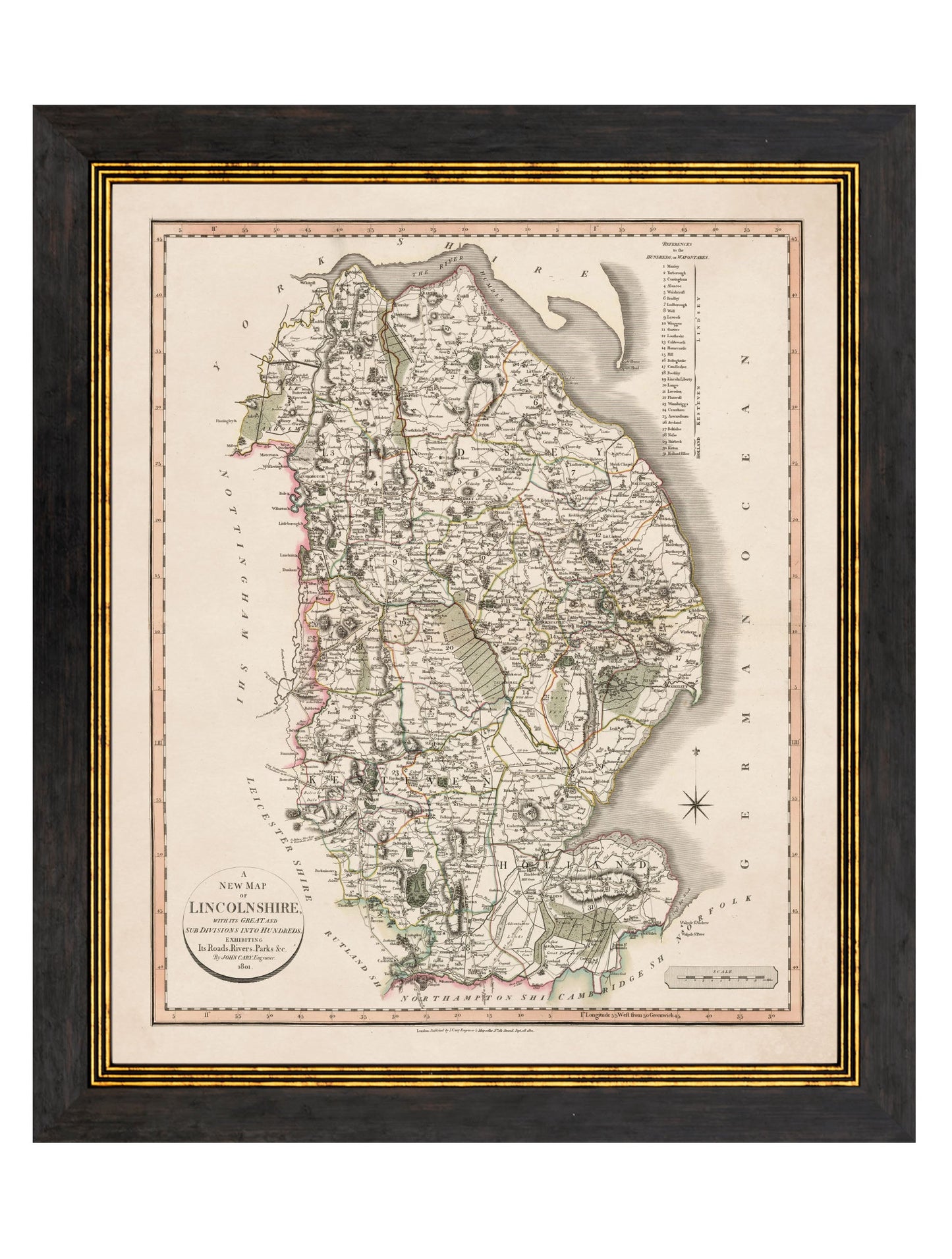 c 1806 county maps of england in size 84 x 70cm - glass-fronted framed wall art print with solid wood frame, perfect for statement wall decor