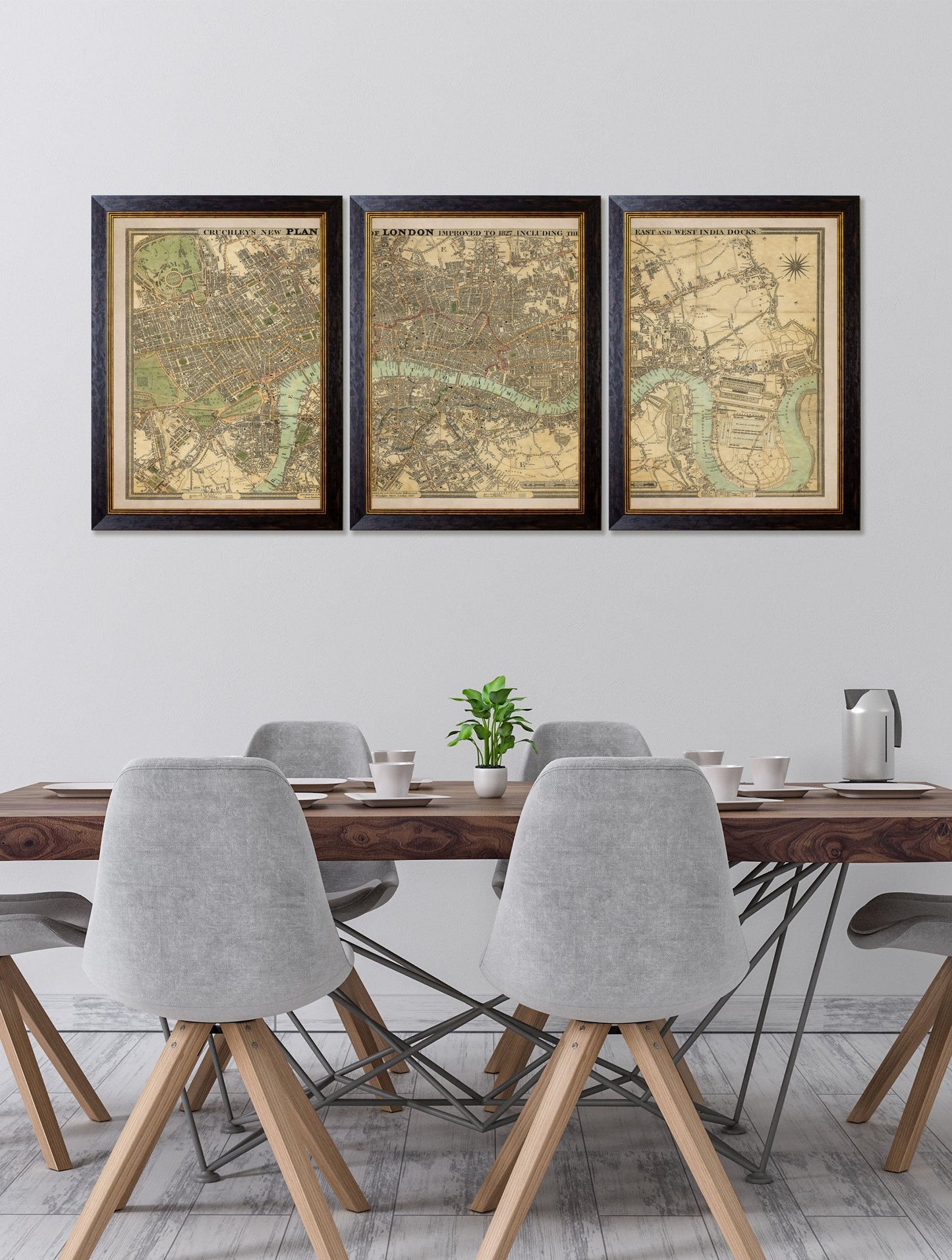 c 1827 london map three framed giclee prints in size 150cm x 67cm - glass-fronted framed wall art print with solid wood frame, designed for high-end interior design