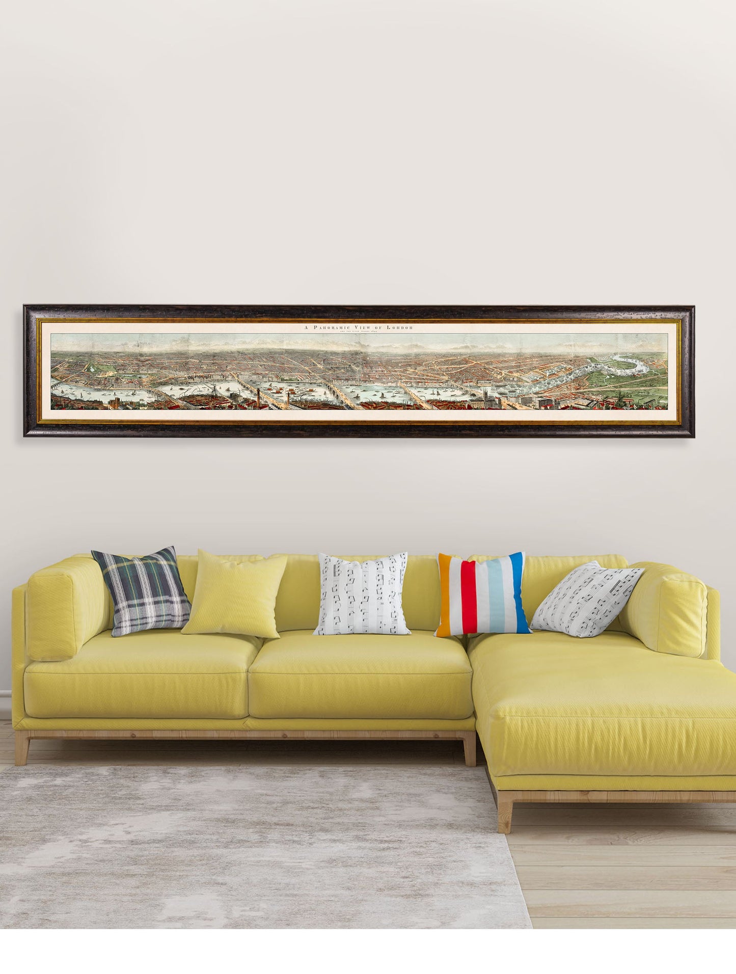 c 1845 panoramic view of london and the river thames in size 210 x 43cm - glass-fronted framed wall art print with solid wood frame, adds elegance to your decor