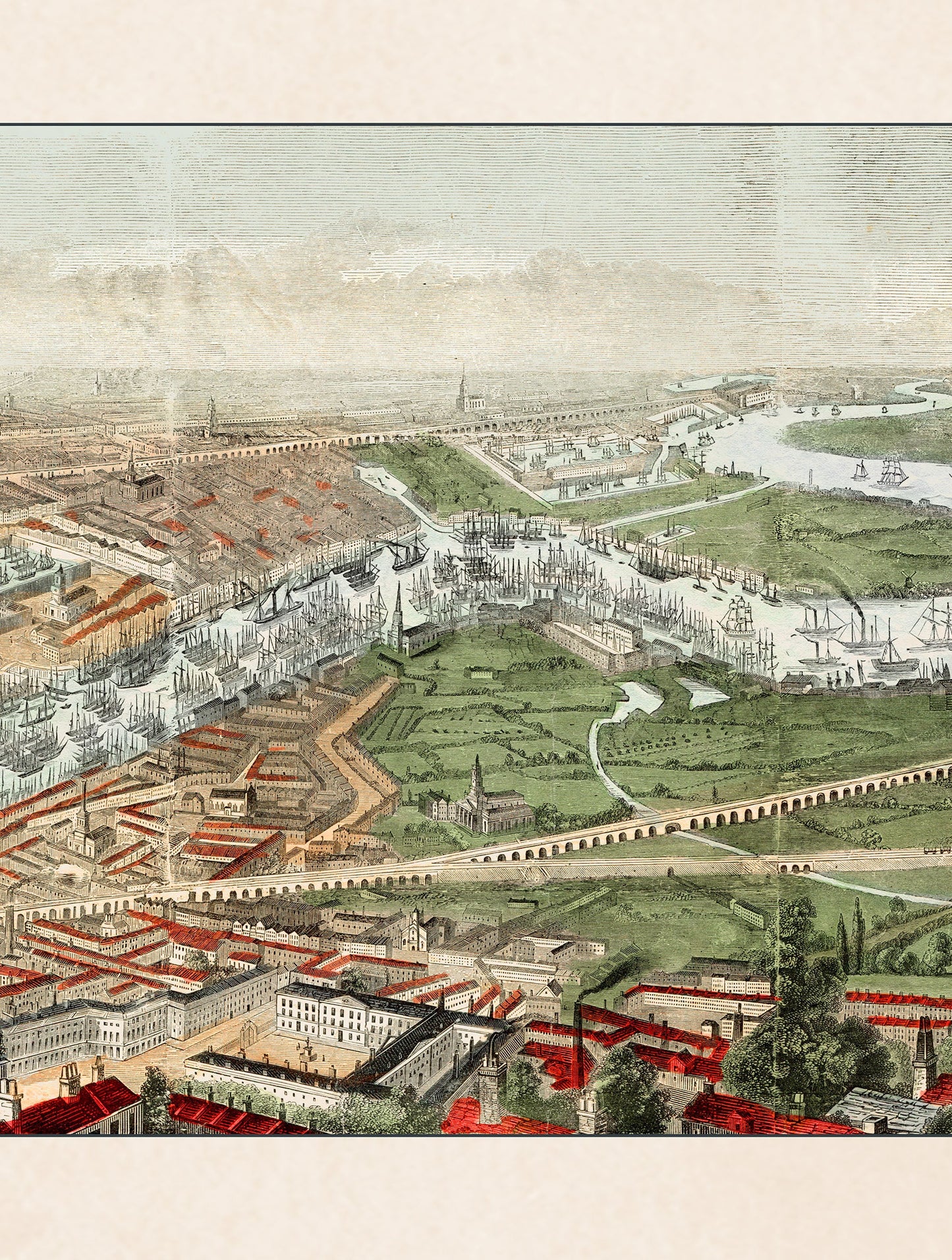 c 1845 panoramic view of london and the river thames - premium glass-fronted framed art print with solid wood frame, a beautiful addition to stylish homes