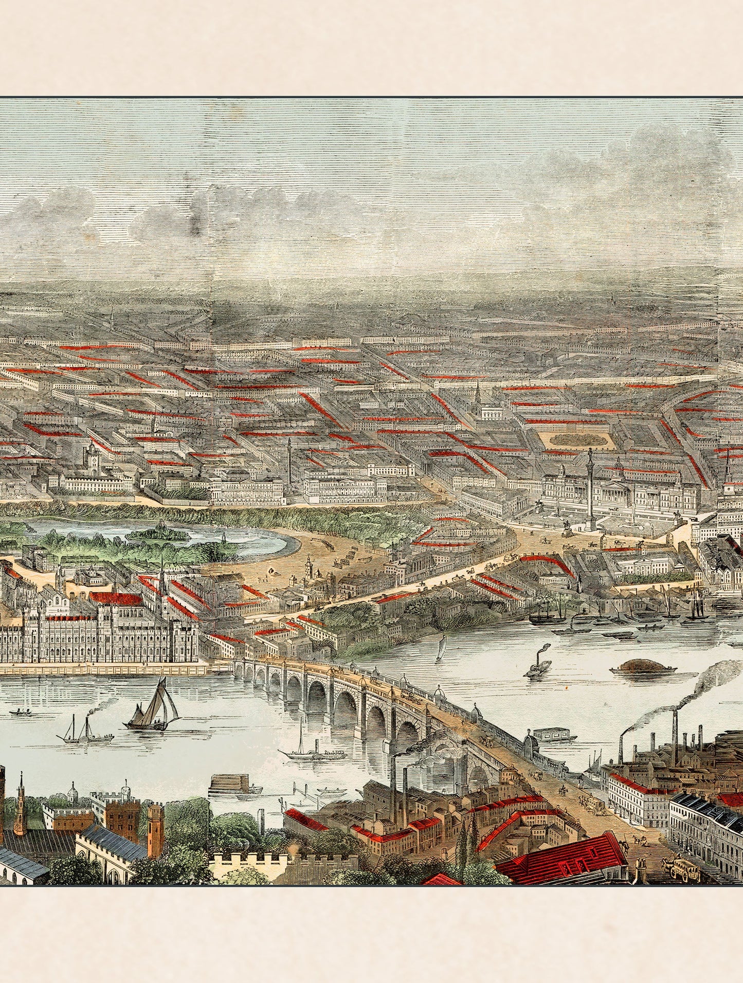 c 1845 panoramic view of london and the river thames in size 32 x 140cm - glass-fronted framed wall art print with solid wood frame, ideal for contemporary home styling