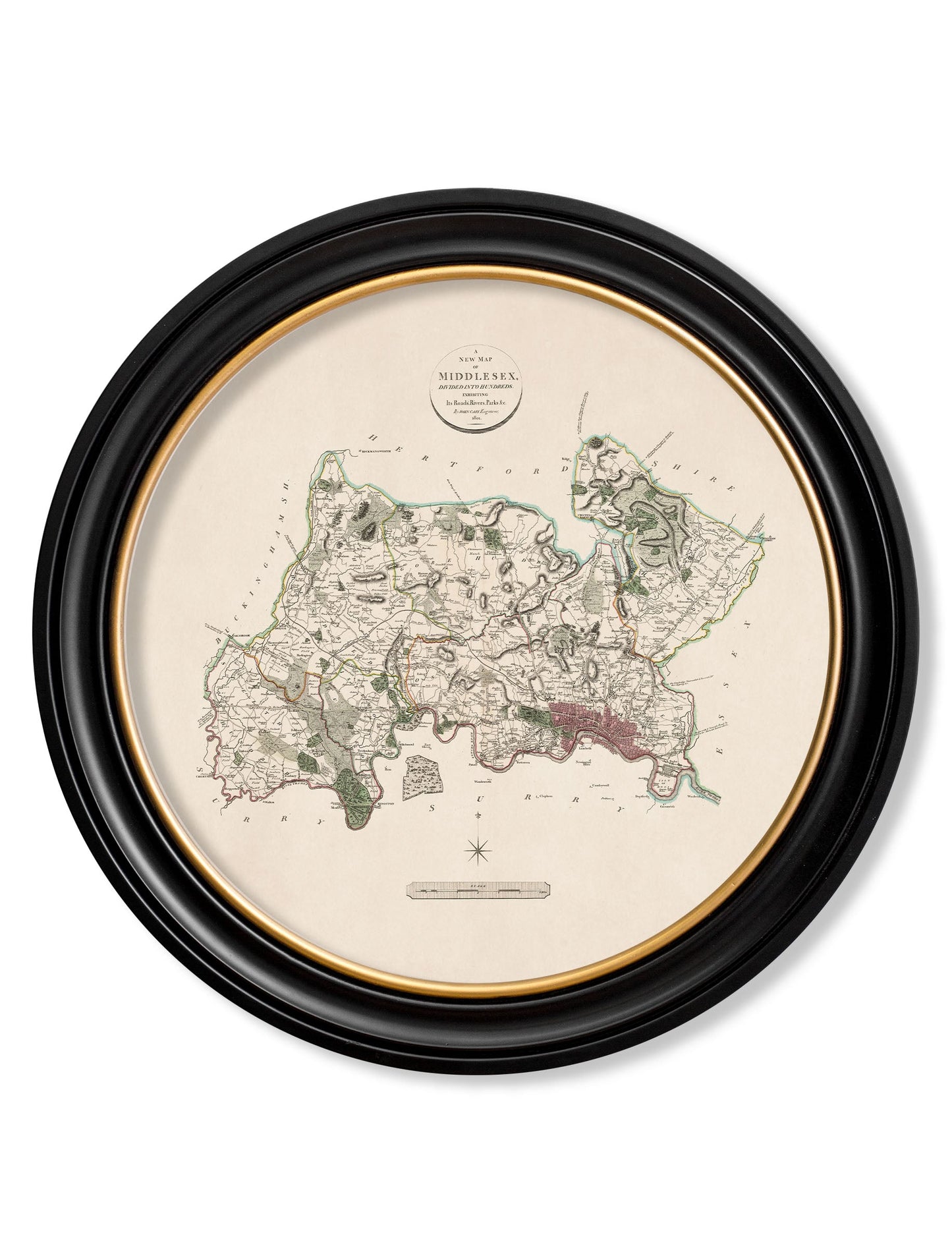 of c 1806 county maps of england round in size 70 x 70cm - glass-fronted framed wall art print with solid wood frame, luxury wall art for sophisticated spaces