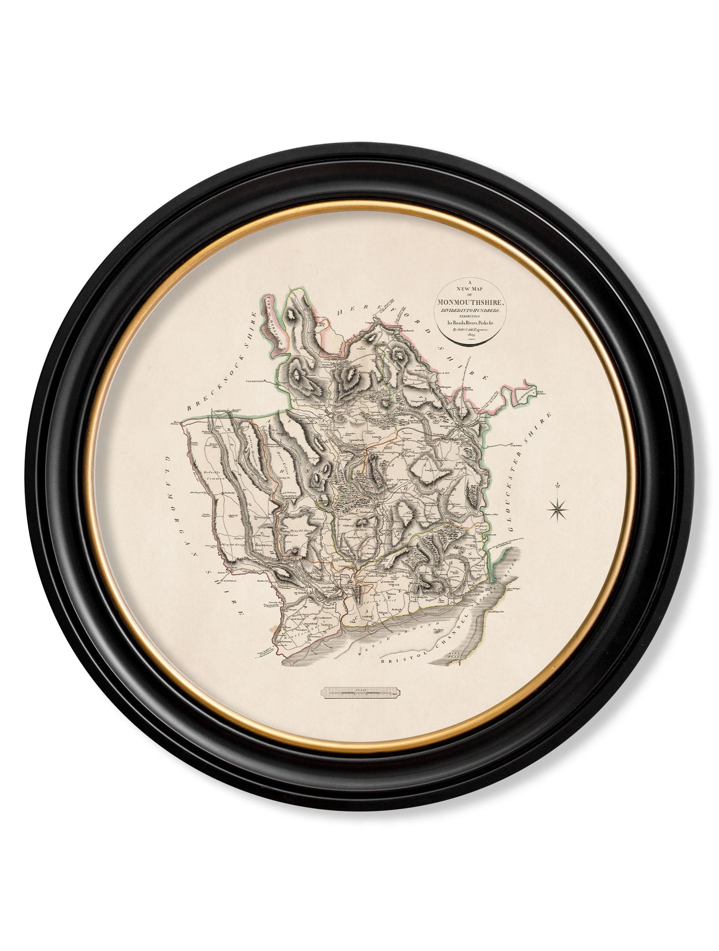 of c 1806 county maps of england round in size 70 x 70cm - glass-fronted framed wall art print with solid wood frame, designed for high-end interior design