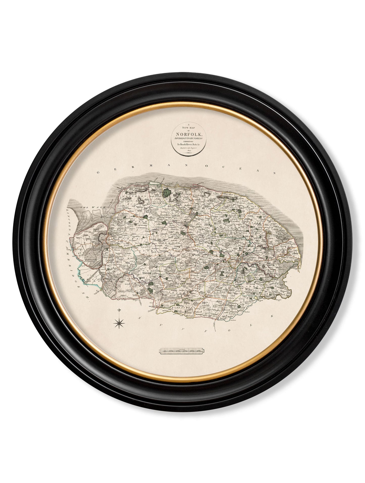 of c 1806 county maps of england round in size 70 x 70cm - glass-fronted framed wall art print with solid wood frame, designed for high-end interior design