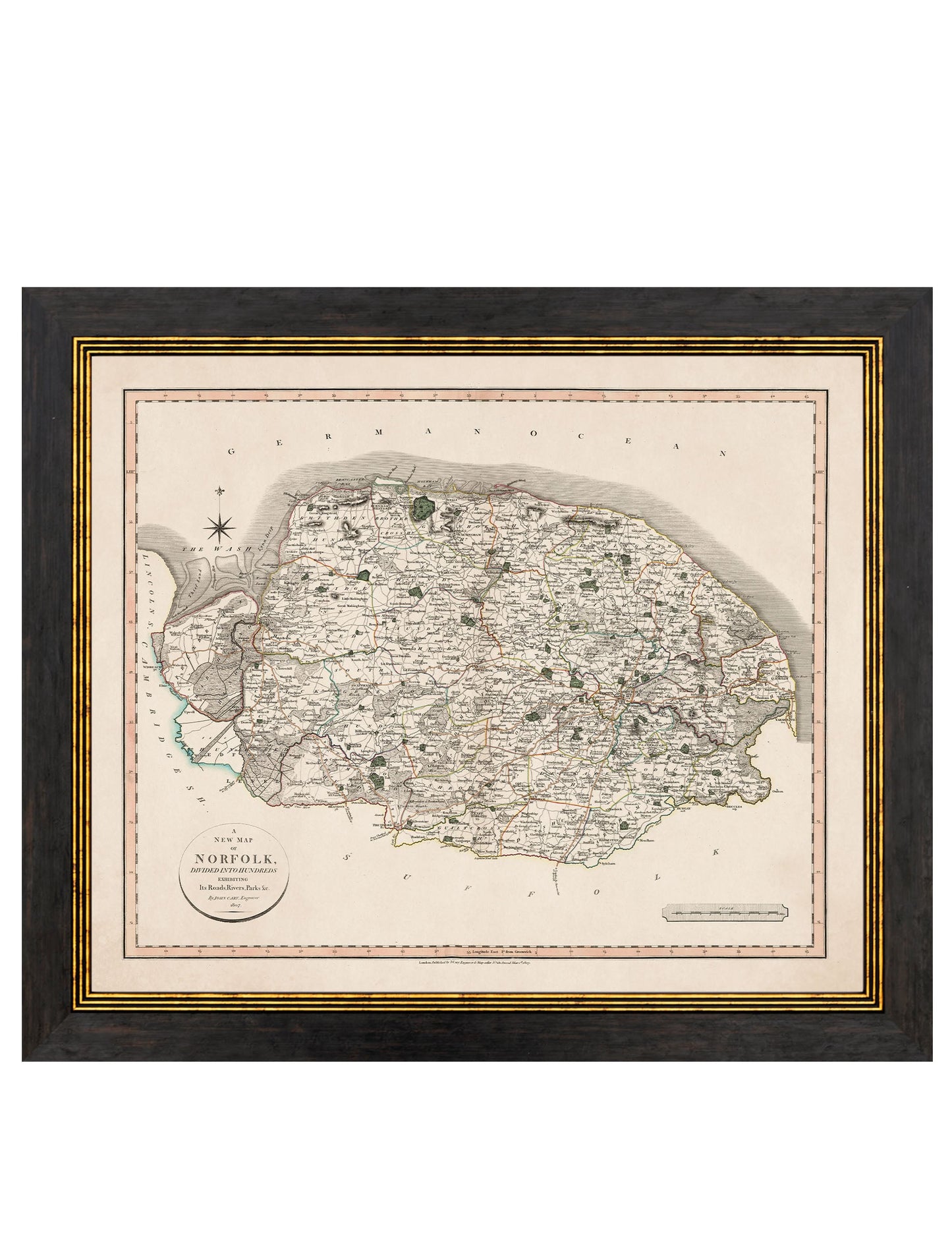 c 1806 county maps of england in size 84 x 70cm - glass-fronted framed wall art print with solid wood frame, a beautiful addition to stylish homes