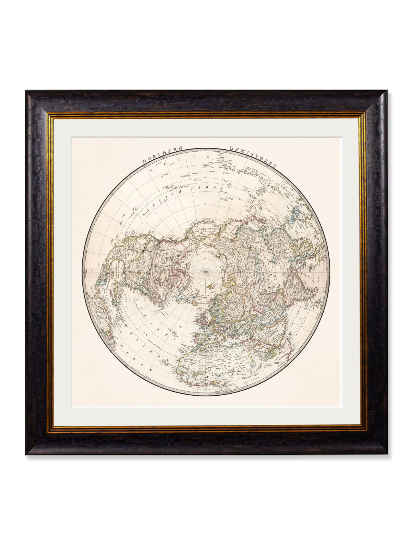 c 1838 world map hemispheres in size 70 x 70cm - glass-fronted framed wall art print with solid wood frame, adds elegance to your decor