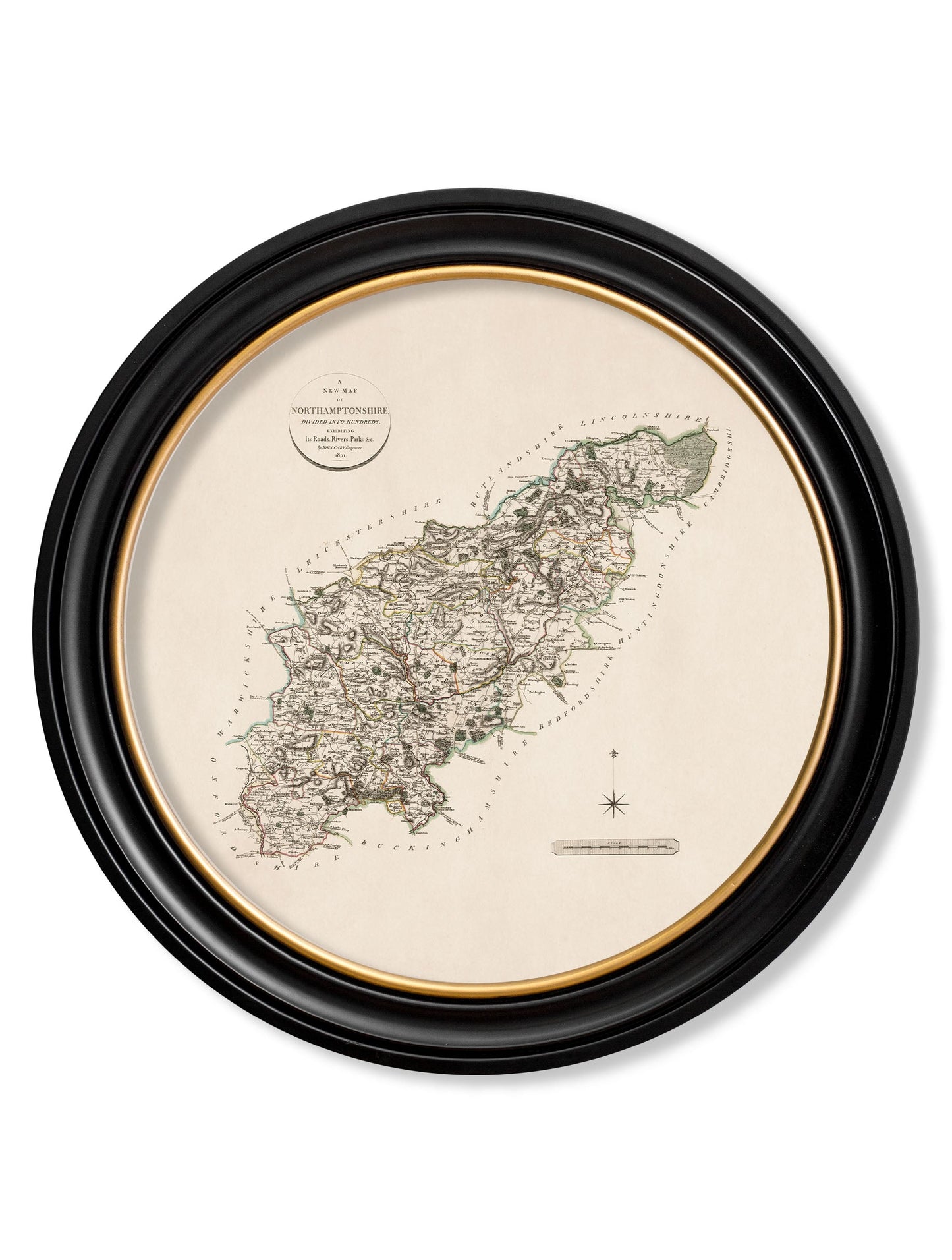 of c 1806 county maps of england round in size 70 x 70cm - glass-fronted framed wall art print with solid wood frame, luxury wall art for sophisticated spaces