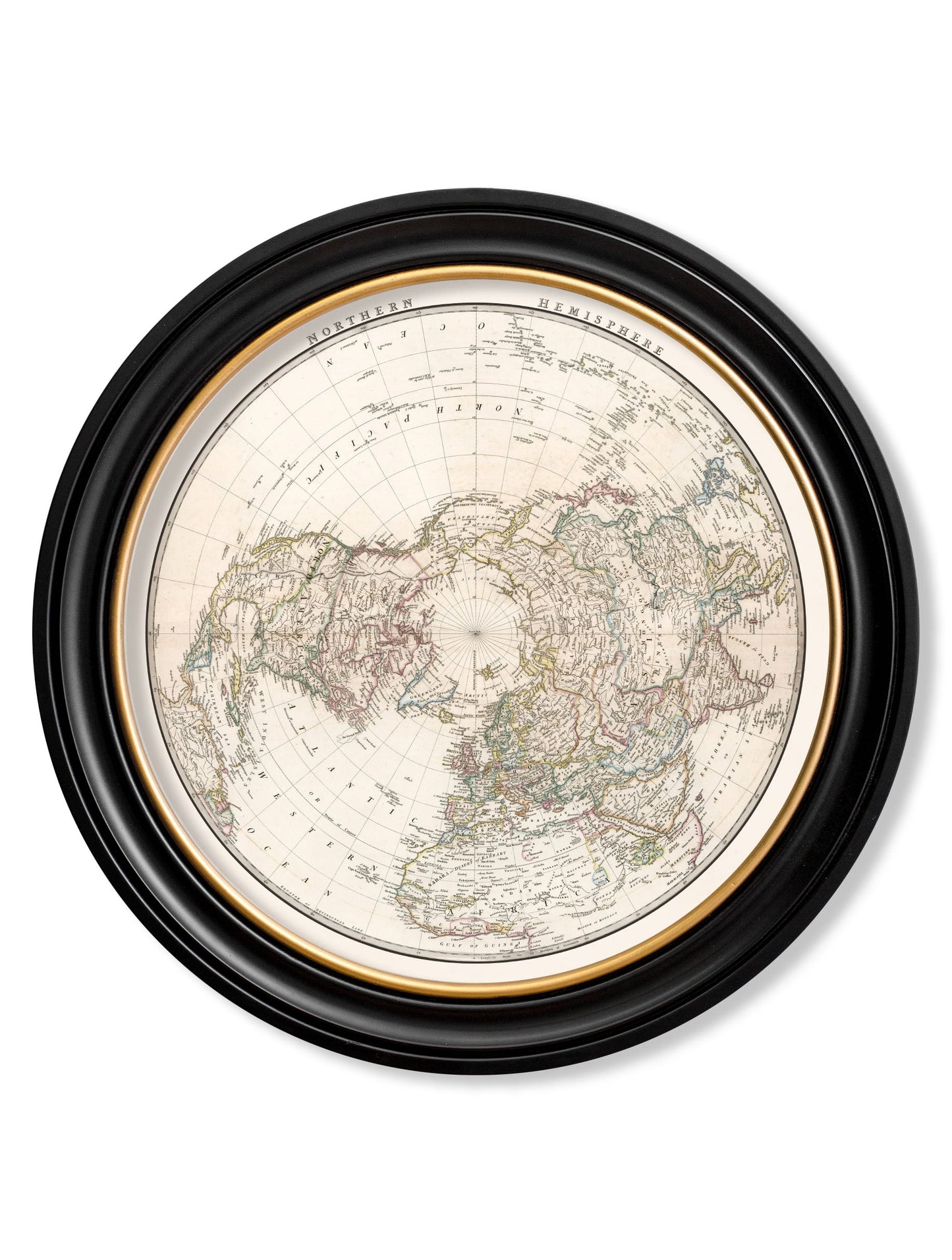 c 1809 world map hemispheres in round frames in size 44 x44cm - glass-fronted framed wall art print with solid wood frame, luxury wall art for sophisticated spaces