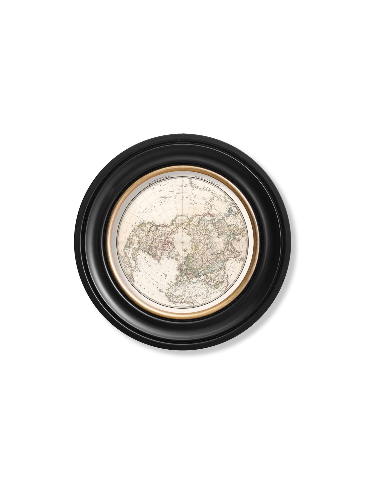 c 1809 world map hemispheres in round frames in size 70 x 70cm - glass-fronted framed wall art print with solid wood frame, ideal for contemporary home styling