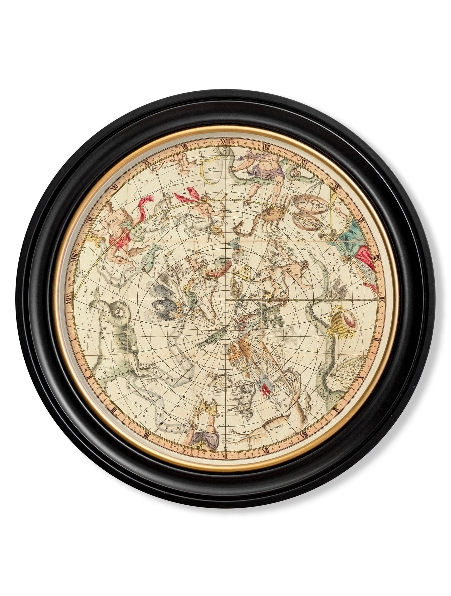 c 1820 map of constellations round frame in size 70 x 70cm - glass-fronted framed wall art print with solid wood frame, perfect for luxury home decor