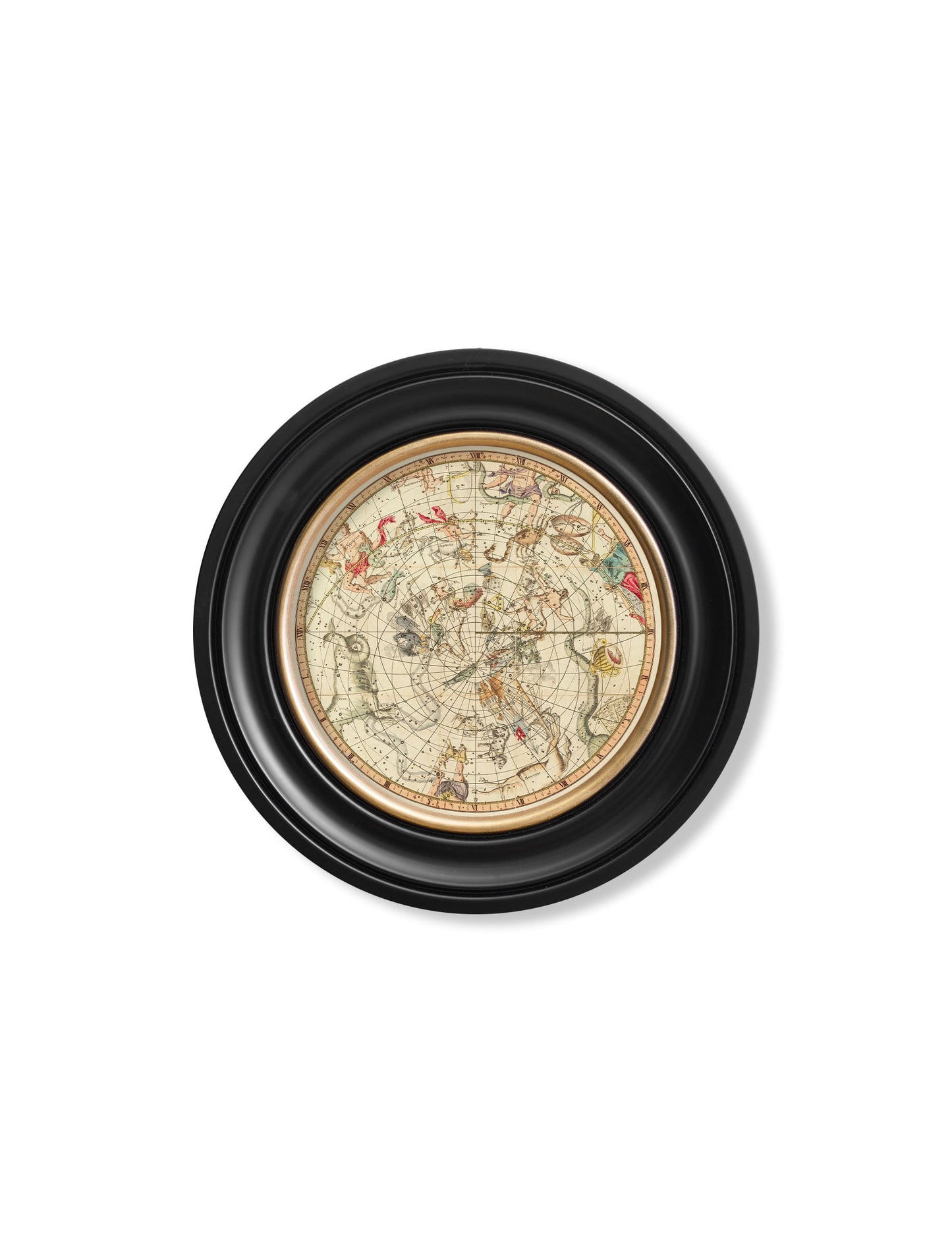 c 1820 map of constellations round frame in size 70 x 70cm - glass-fronted framed wall art print with solid wood frame, luxury wall art for sophisticated spaces