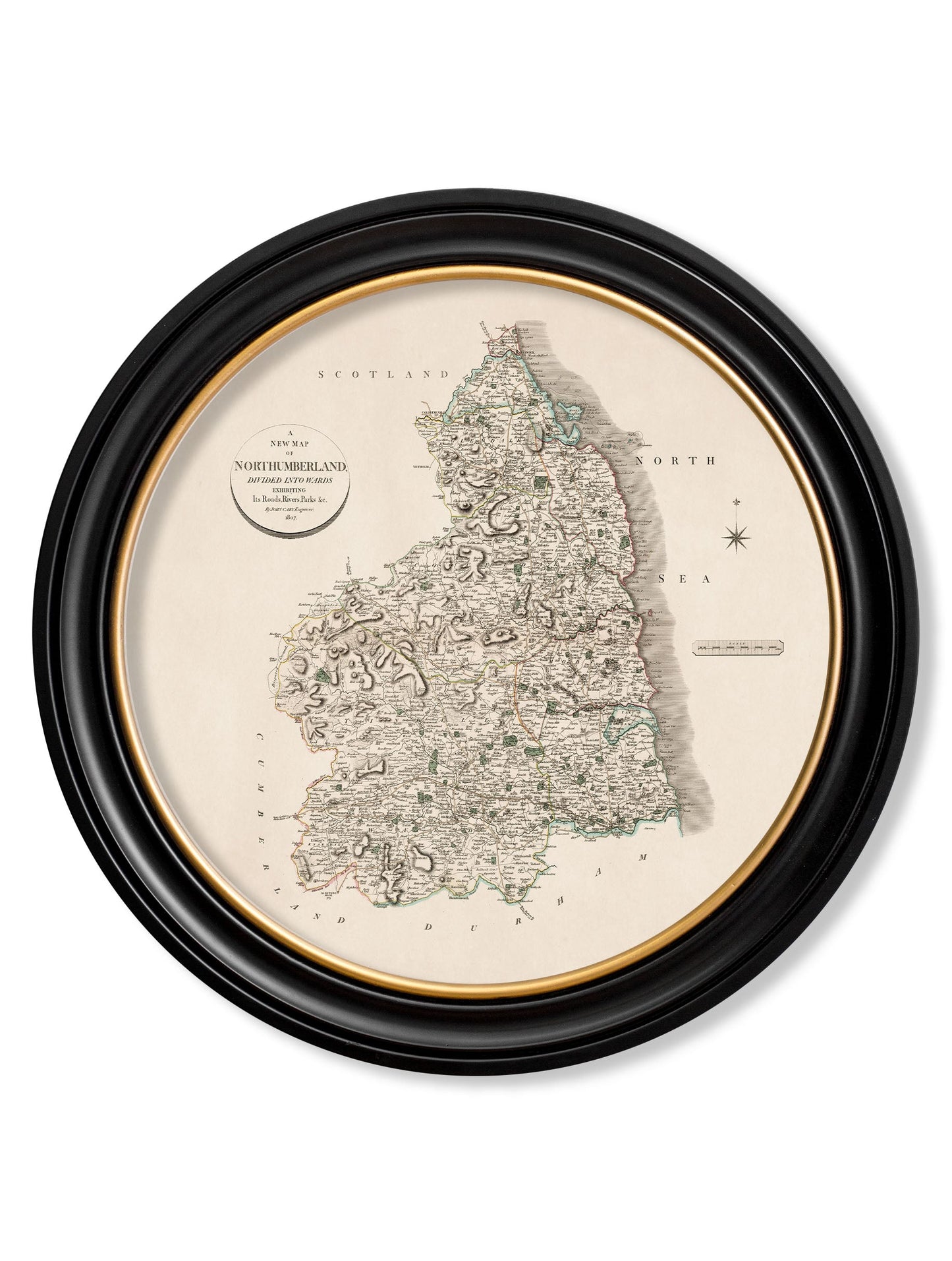 of c 1806 county maps of england round in size 70 x 70cm - glass-fronted framed wall art print with solid wood frame, ideal for contemporary home styling