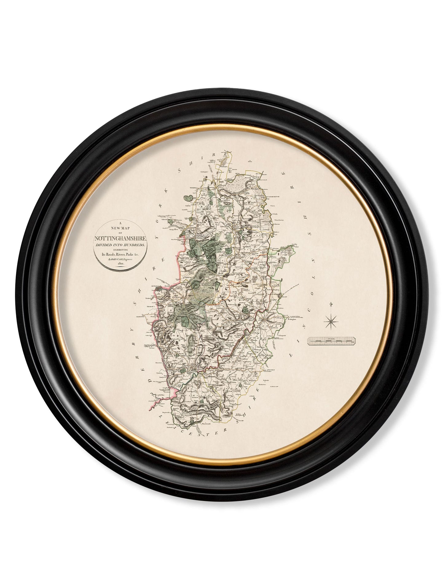of c 1806 county maps of england round in size 70 x 70cm - glass-fronted framed wall art print with solid wood frame, designed for high-end interior design