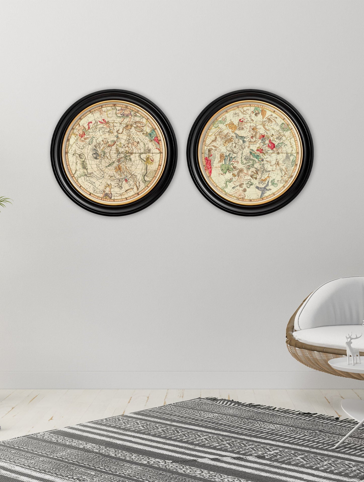 c 1820 map of constellations round frame in size 44 x 44cm - glass-fronted framed wall art print with solid wood frame, adds elegance to your decor