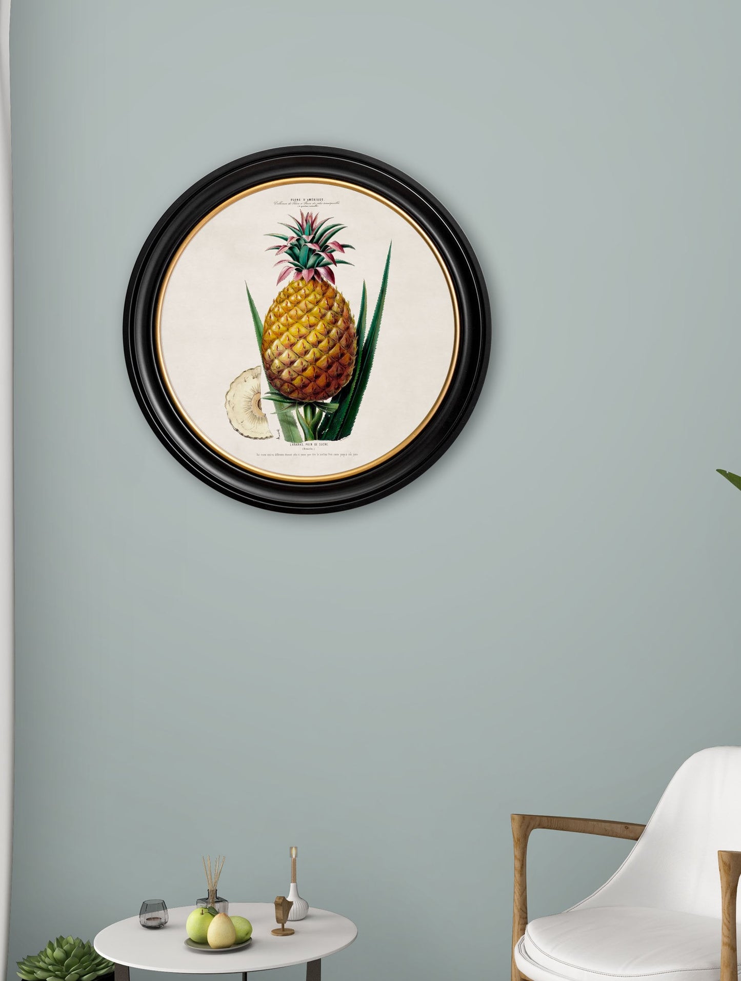 c 1843 pineapple plant round frame in size 70 x 70cm - glass-fronted framed wall art print with solid wood frame, adds elegance to your decor
