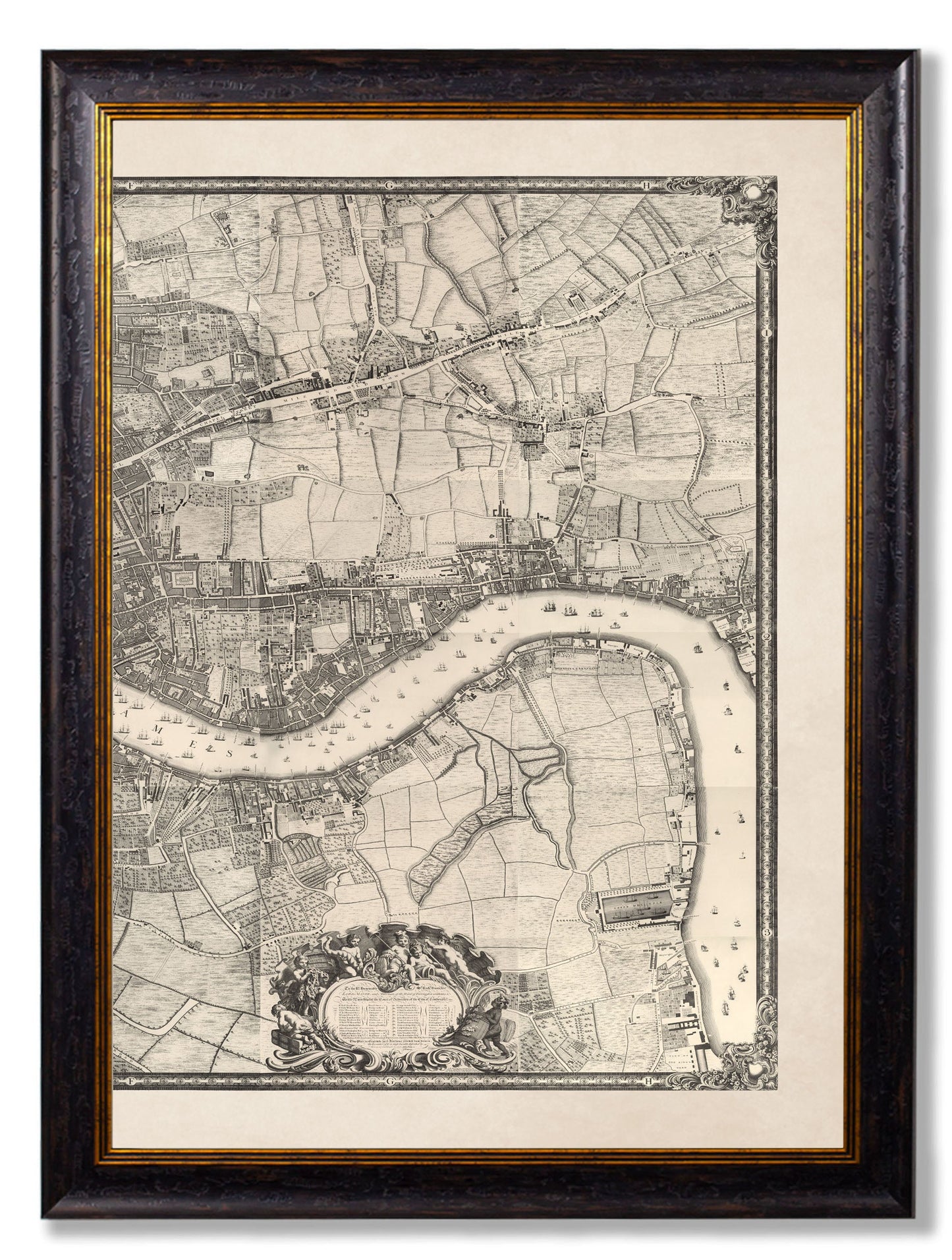 c 1746 london triptych map - premium glass-fronted framed art print with solid wood frame, adds elegance to your decor
