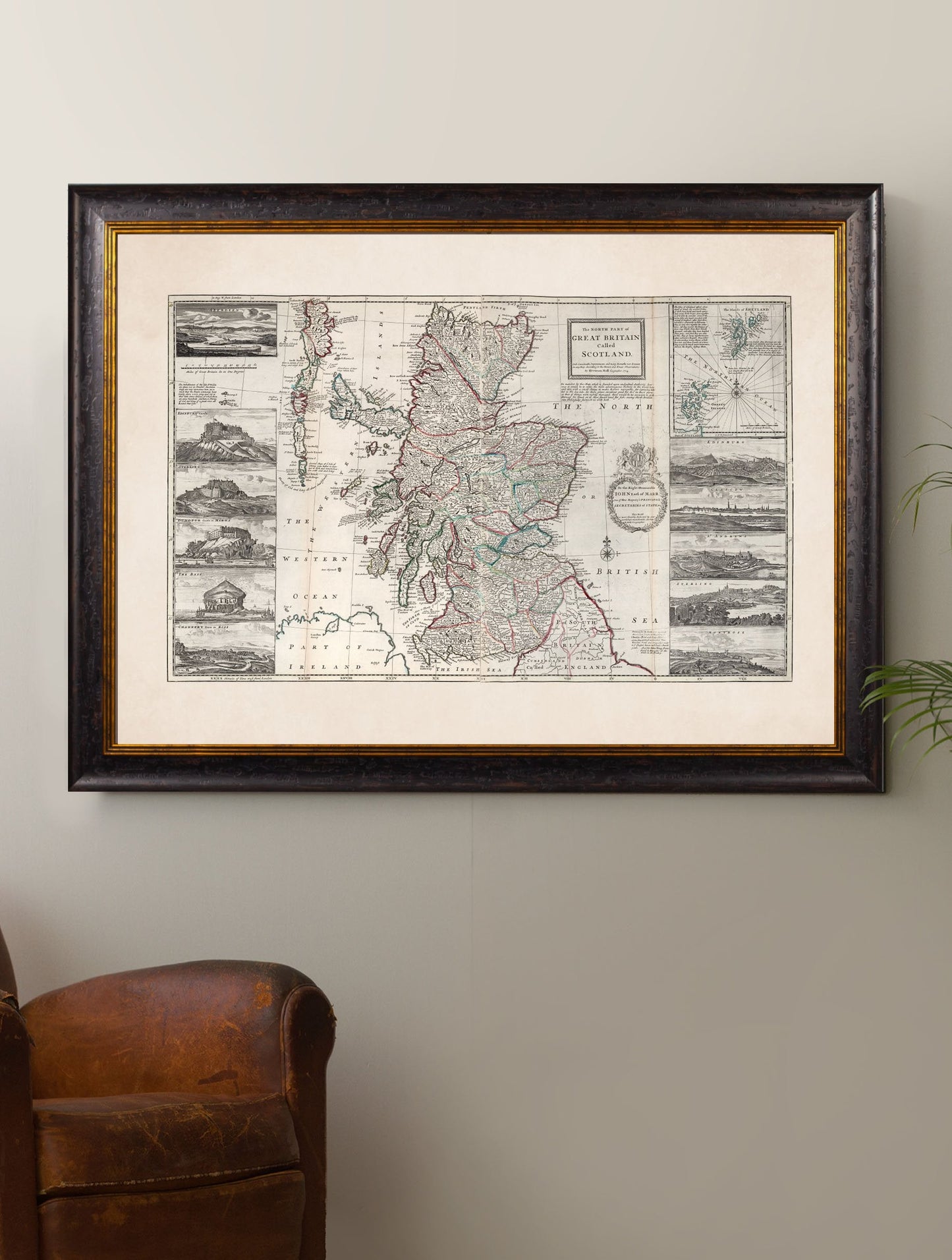 c 1714 map of scotland - premium glass-fronted framed art print with solid wood frame, luxury wall art for sophisticated spaces