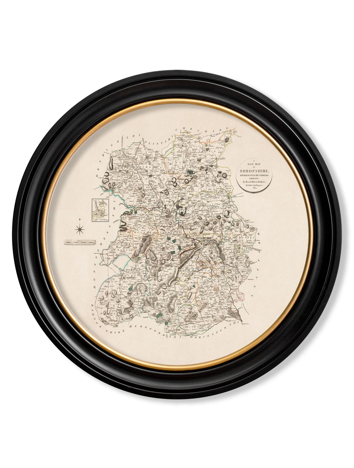 of c 1806 county maps of england round in size 70 x 70cm - glass-fronted framed wall art print with solid wood frame, adds elegance to your decor