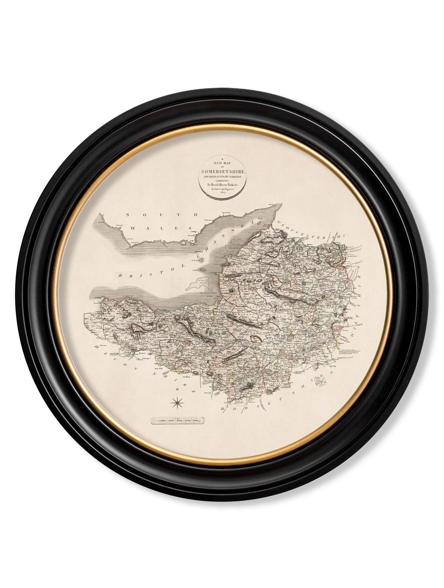 of c 1806 county maps of england round in size 70 x 70cm - glass-fronted framed wall art print with solid wood frame, ideal for contemporary home styling