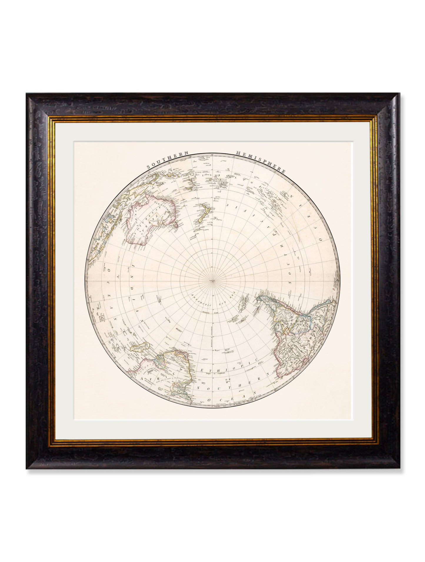 c 1838 world map hemispheres in size 70 x 70cm - glass-fronted framed wall art print with solid wood frame, perfect for statement wall decor
