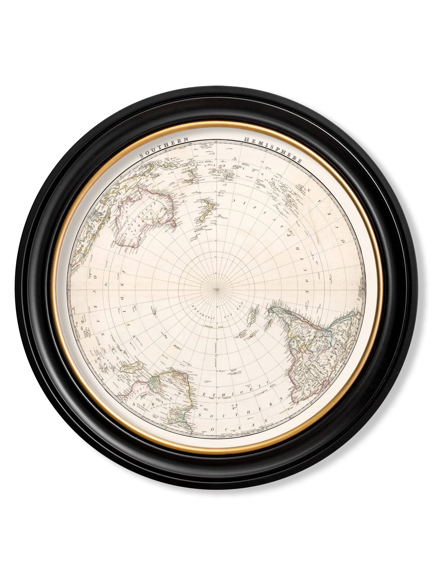 c 1809 world map hemispheres in round frames in size 44 x44cm - glass-fronted framed wall art print with solid wood frame, luxury wall art for sophisticated spaces