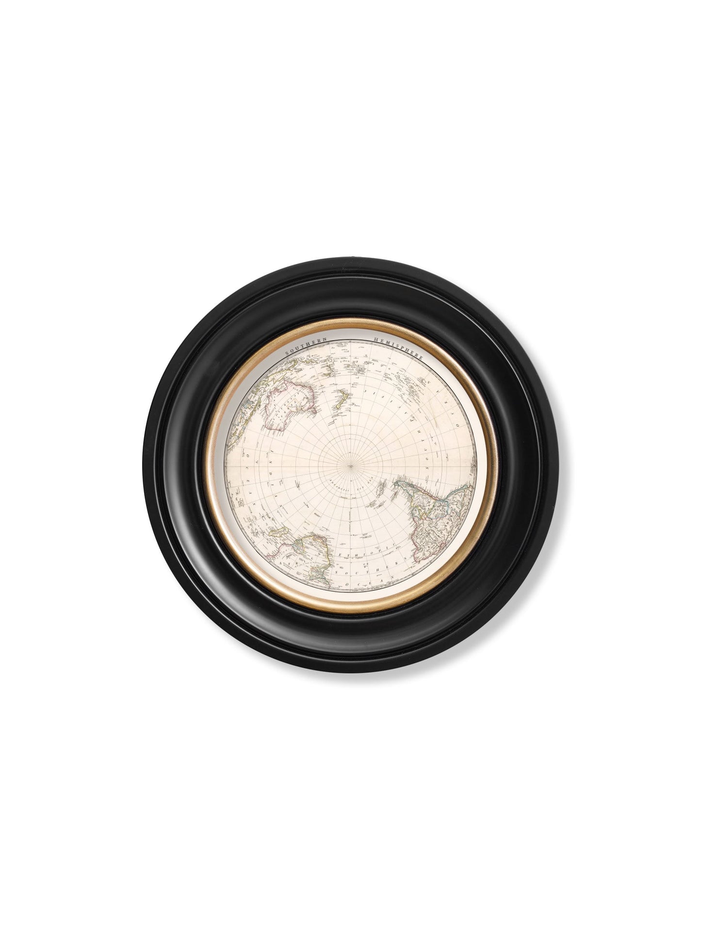 c 1809 world map hemispheres in round frames in size 70 x 70cm - glass-fronted framed wall art print with solid wood frame, perfect for statement wall decor