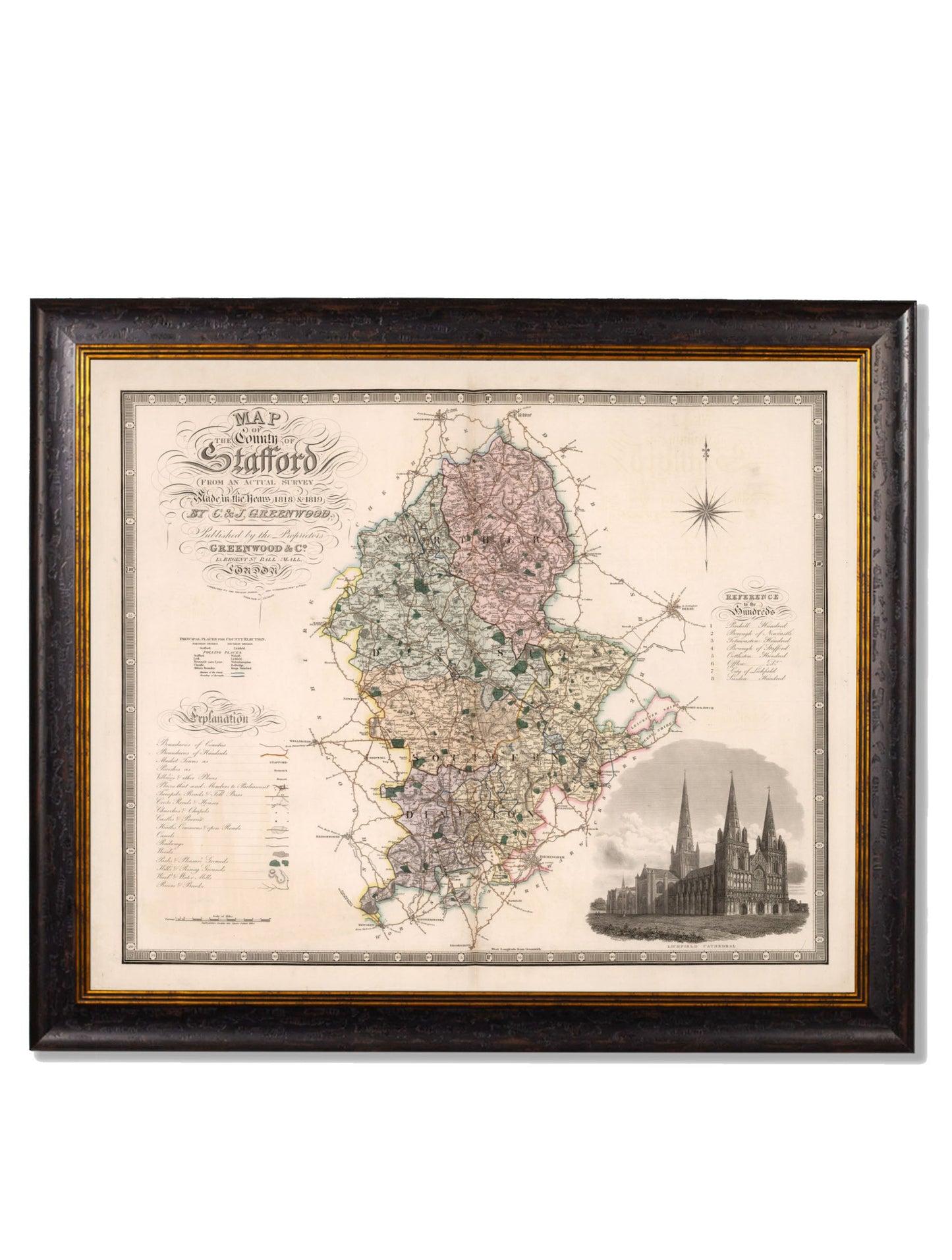 c 1830 map of the county of bedford in size 70 x 84cm - glass-fronted framed wall art print with solid wood frame, ideal for modern interiors