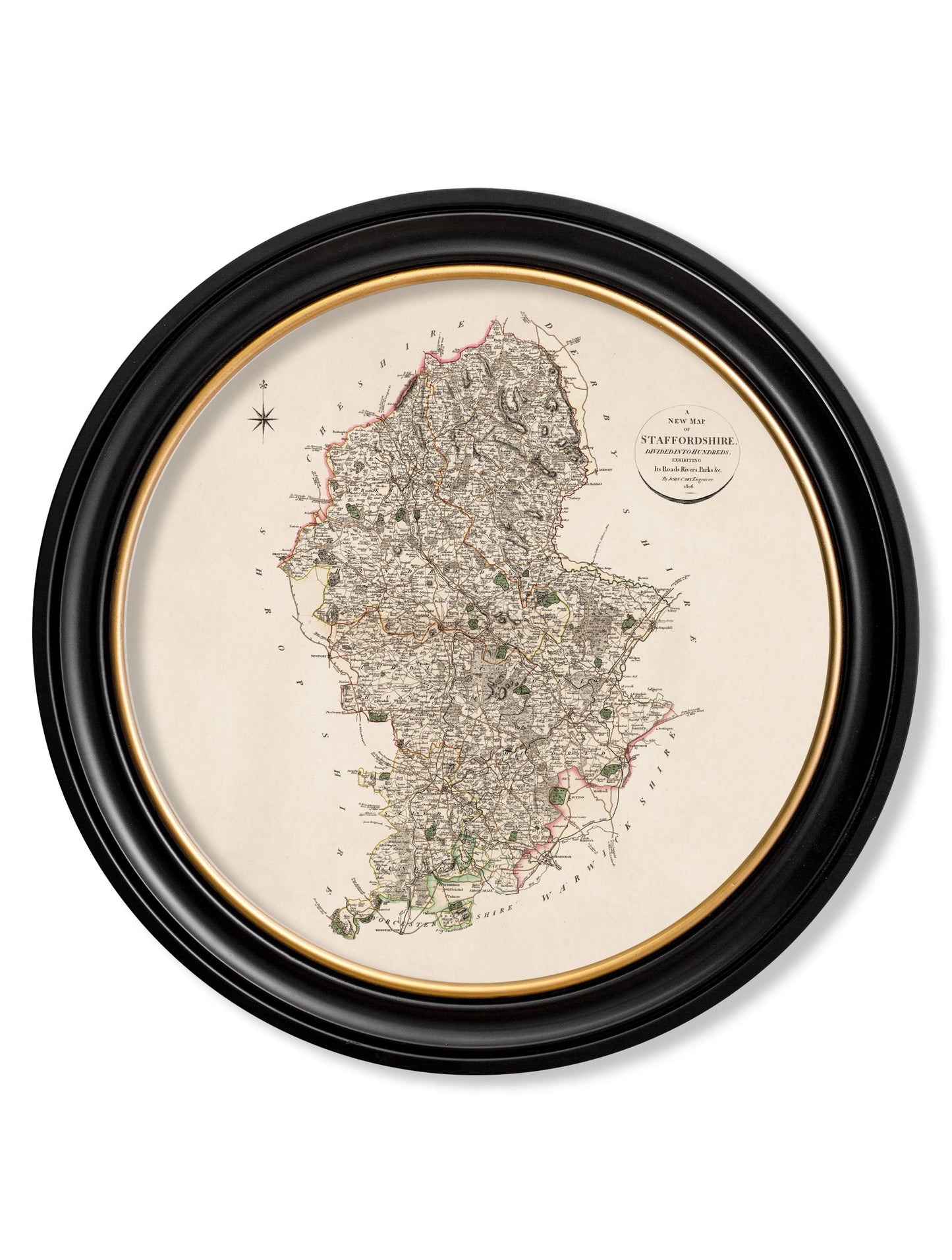 of c 1806 county maps of england round in size 70 x 70cm - glass-fronted framed wall art print with solid wood frame, perfect for luxury home decor