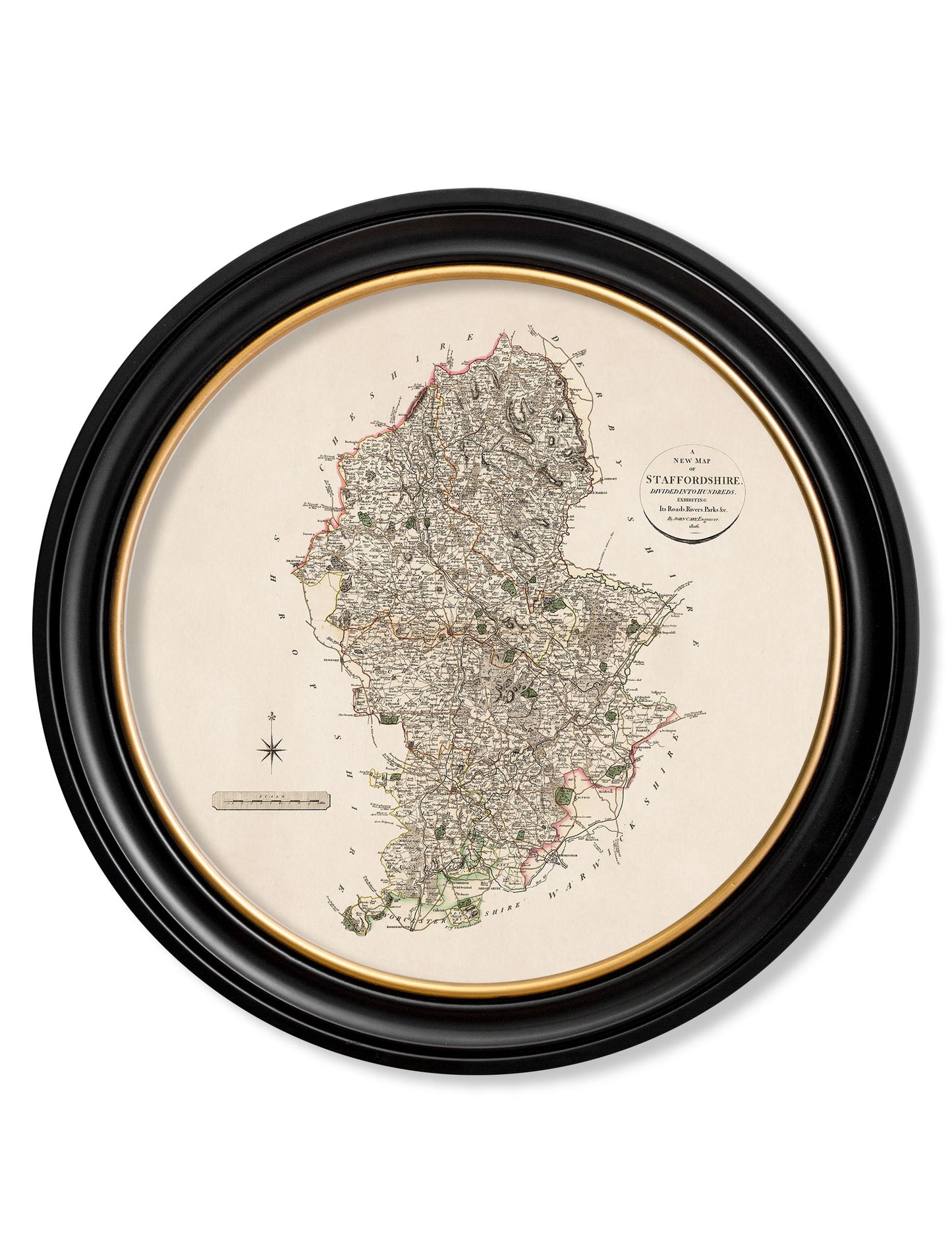 of c 1806 county maps of england round in size 70 x 70cm - glass-fronted framed wall art print with solid wood frame, a beautiful addition to stylish homes