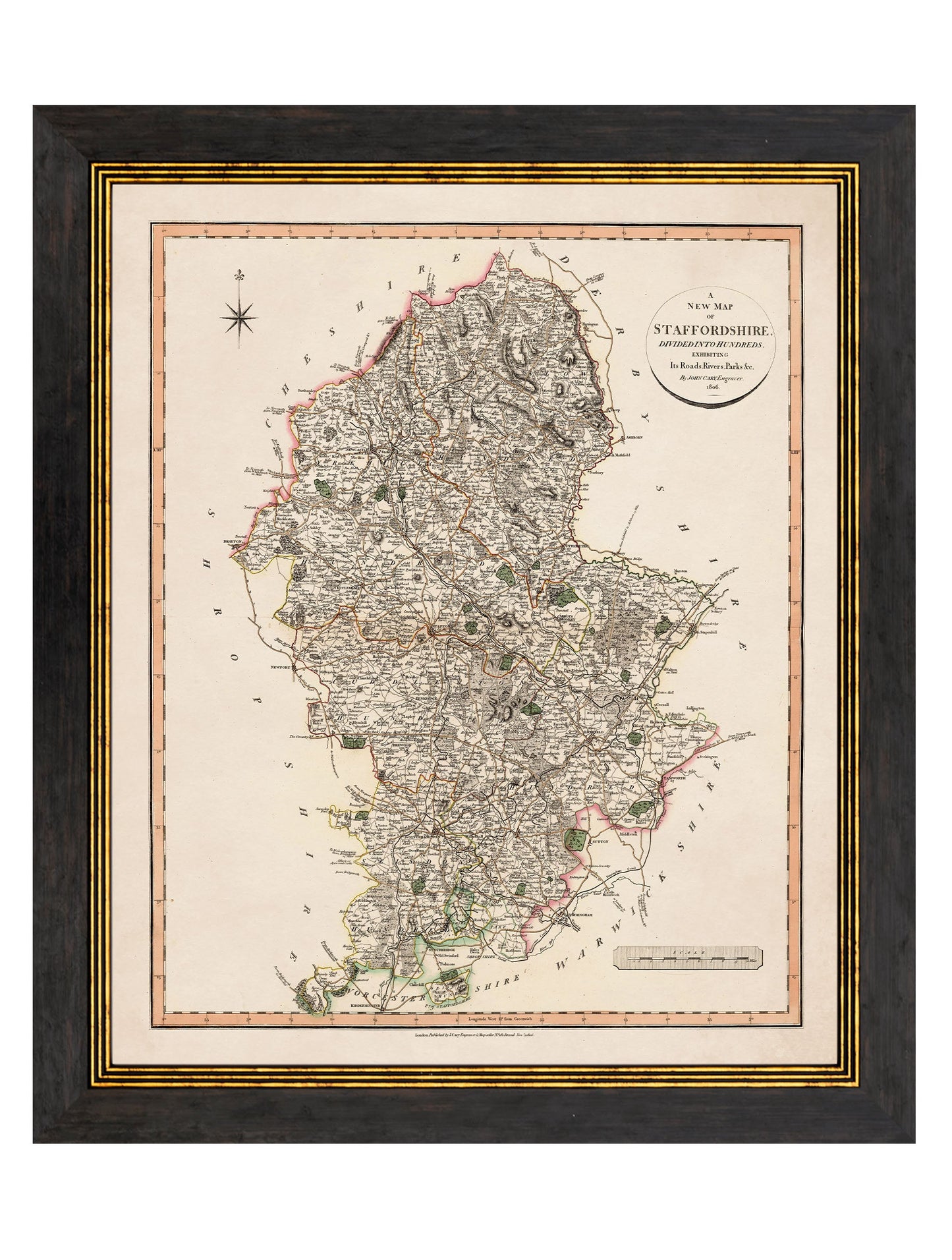 c 1806 county maps of england in size 84 x 70cm - glass-fronted framed wall art print with solid wood frame, designed for high-end interior design
