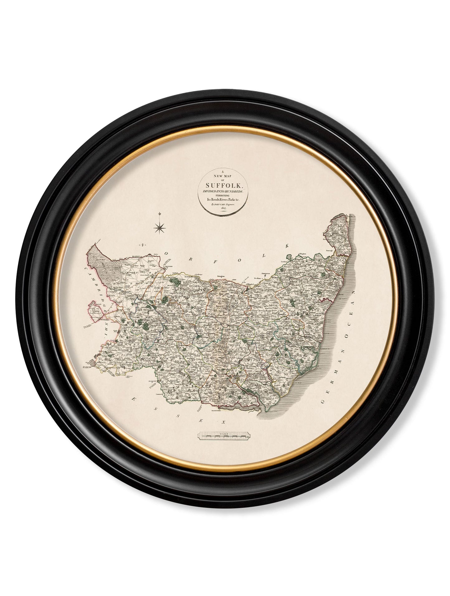 of c 1806 county maps of england round in size 70 x 70cm - glass-fronted framed wall art print with solid wood frame, ideal for modern interiors
