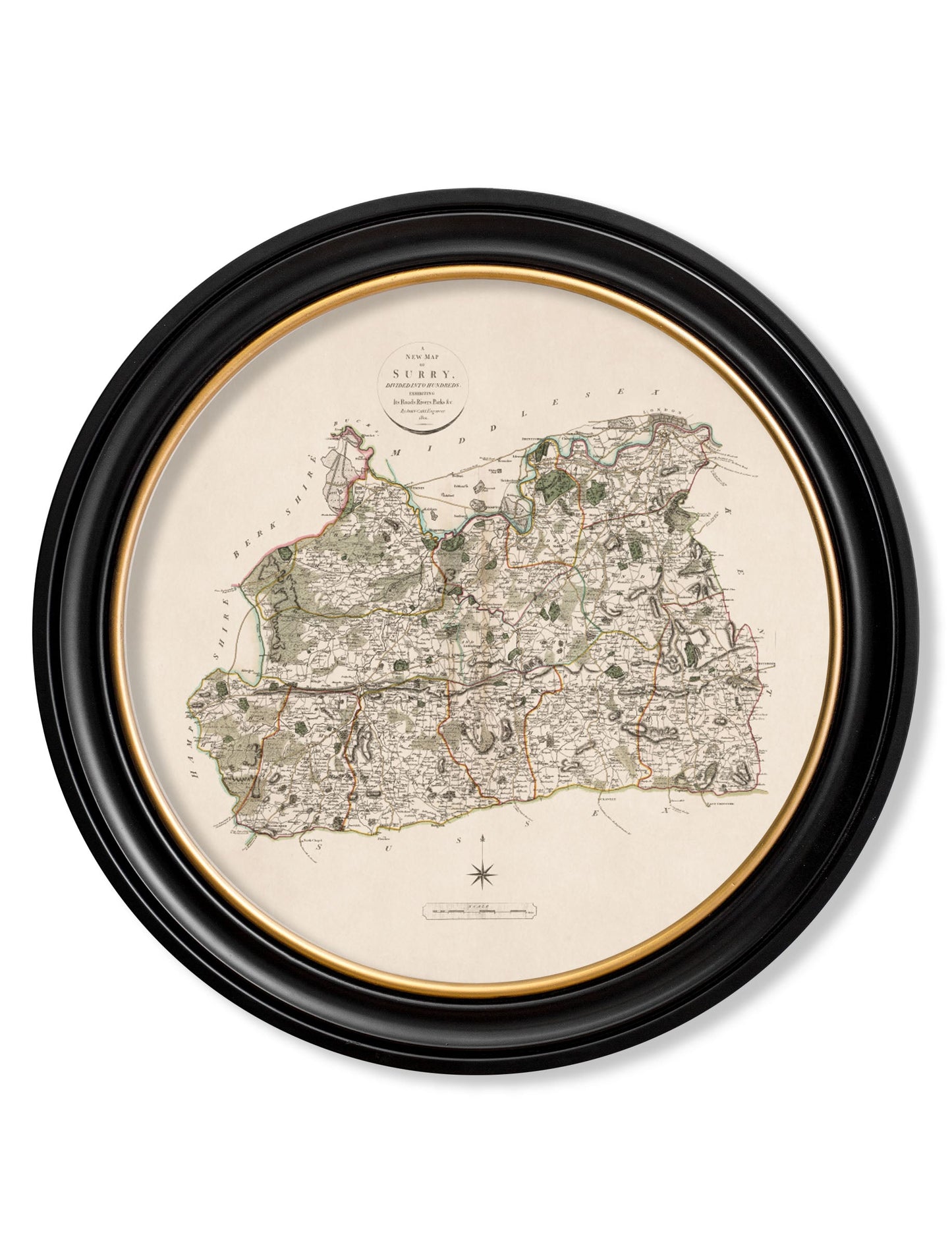of c 1806 county maps of england round in size 70 x 70cm - glass-fronted framed wall art print with solid wood frame, ideal for contemporary home styling