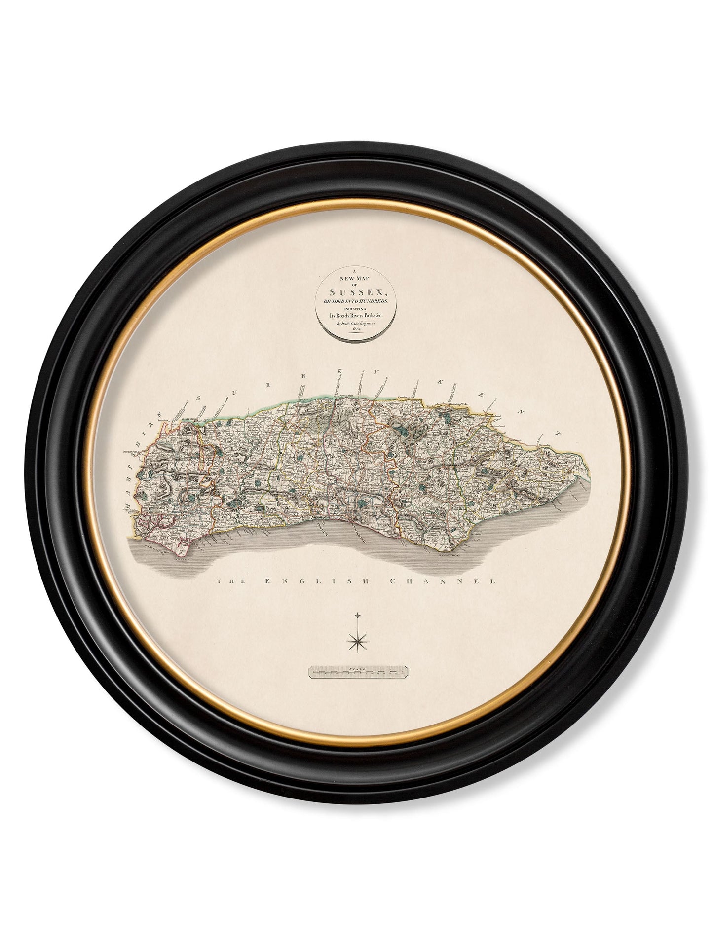 of c 1806 county maps of england round in size 70 x 70cm - glass-fronted framed wall art print with solid wood frame, ideal for contemporary home styling