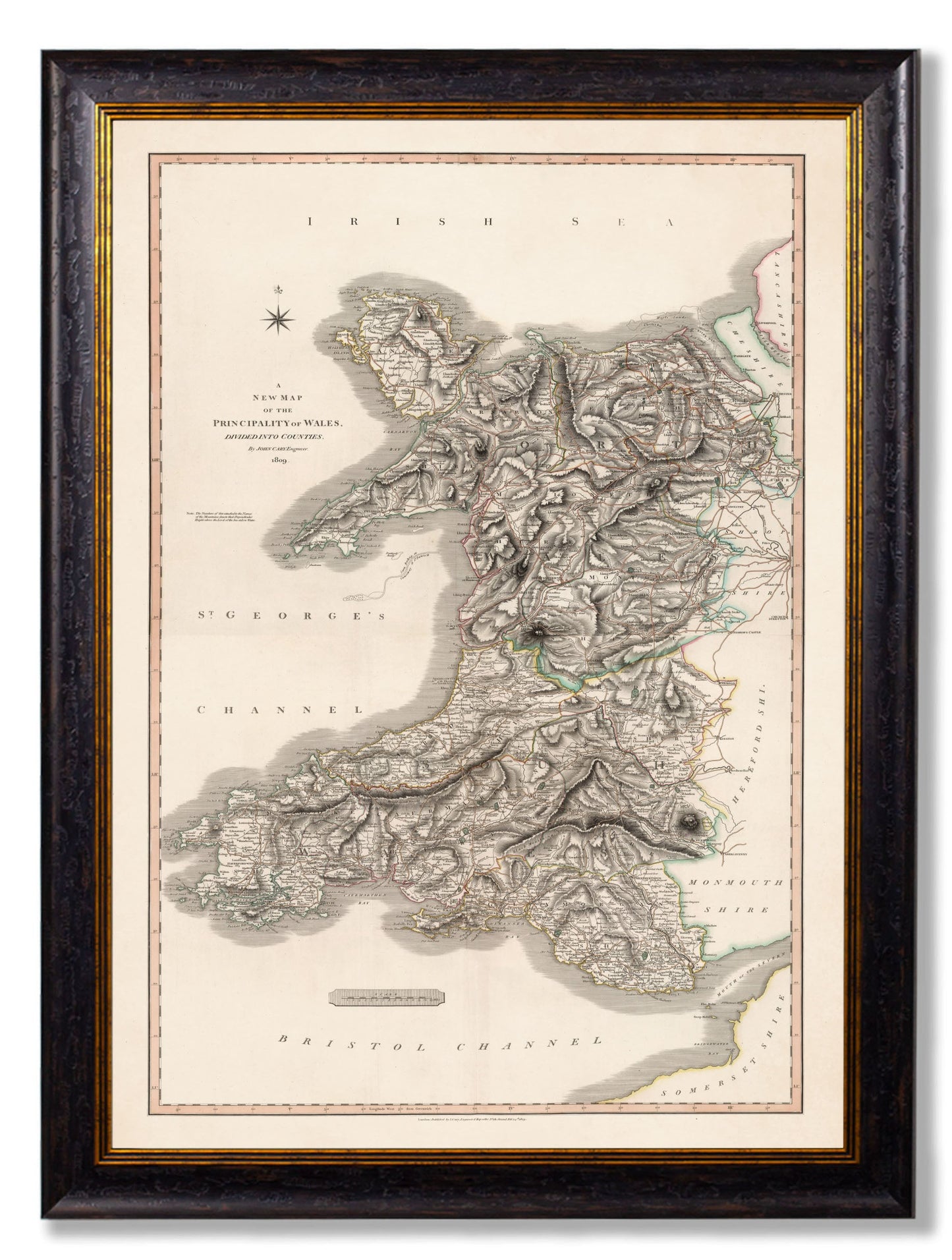 c.1809 Map of Wales in size 70 x 95cm - glass-fronted framed wall art print with solid wood frame, adds elegance to your decor