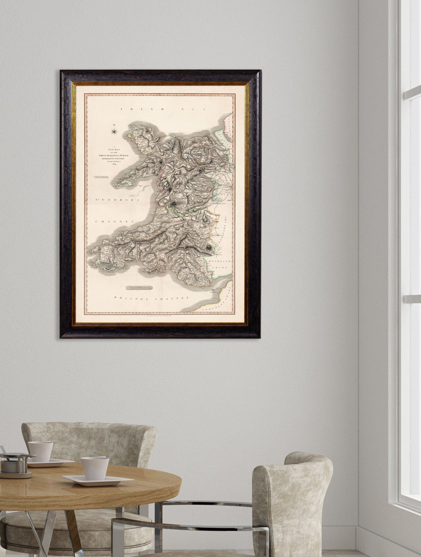 c 1809 map of wales - premium glass-fronted framed art print with solid wood frame, ideal for modern interiors